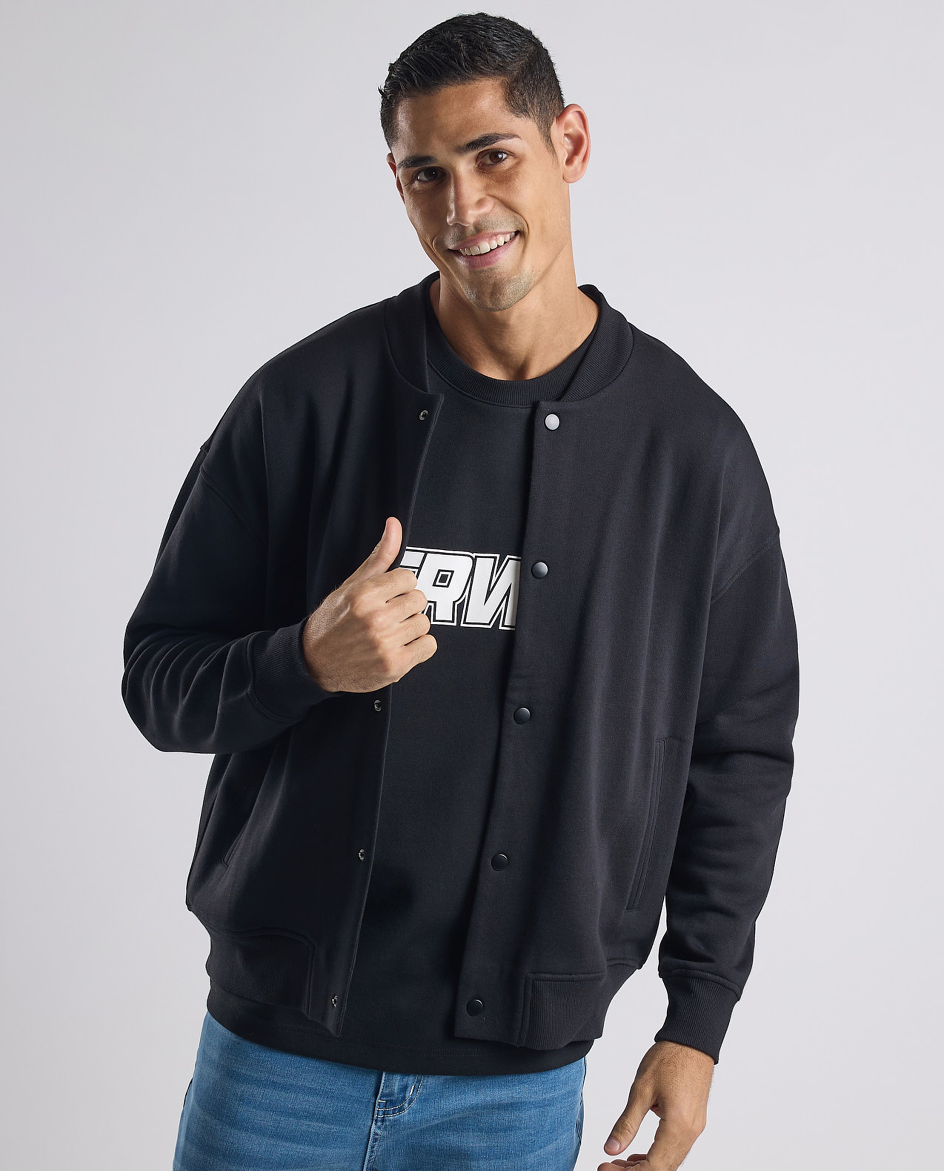 Solid Bomber Jacket with Zipper Closure