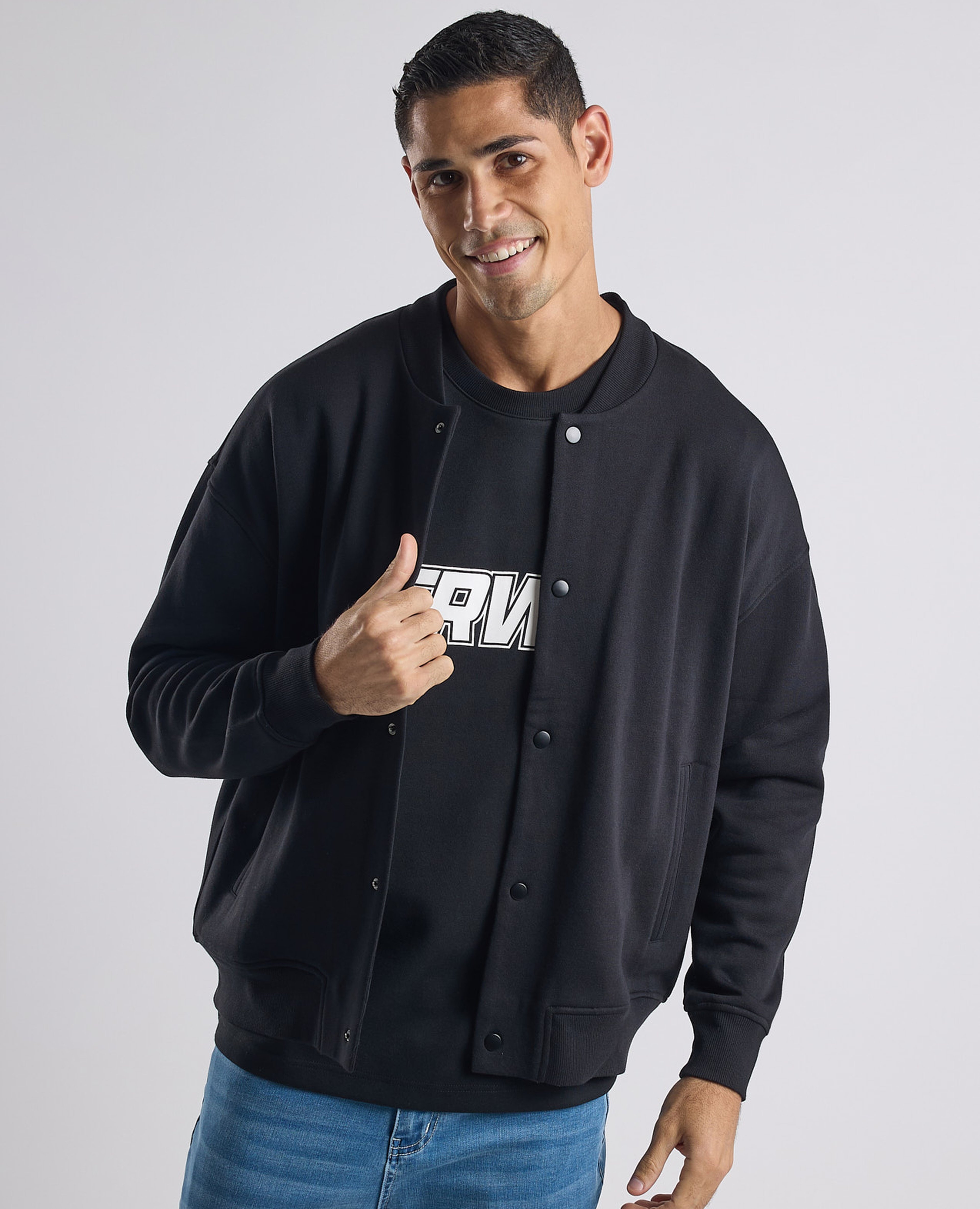 Solid Bomber Jacket with Zipper Closure