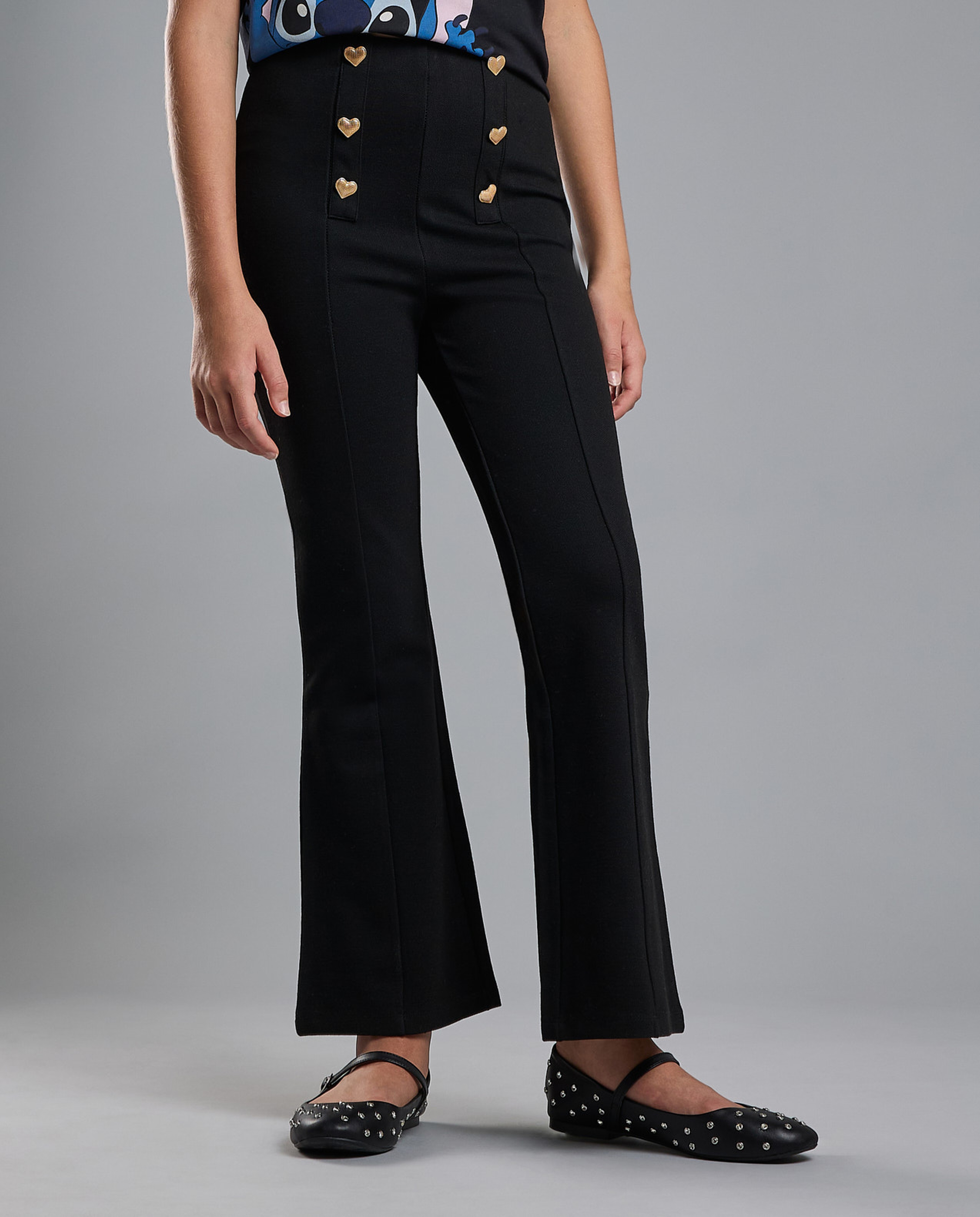 Button Detail Flared Pants with Elastic Waist