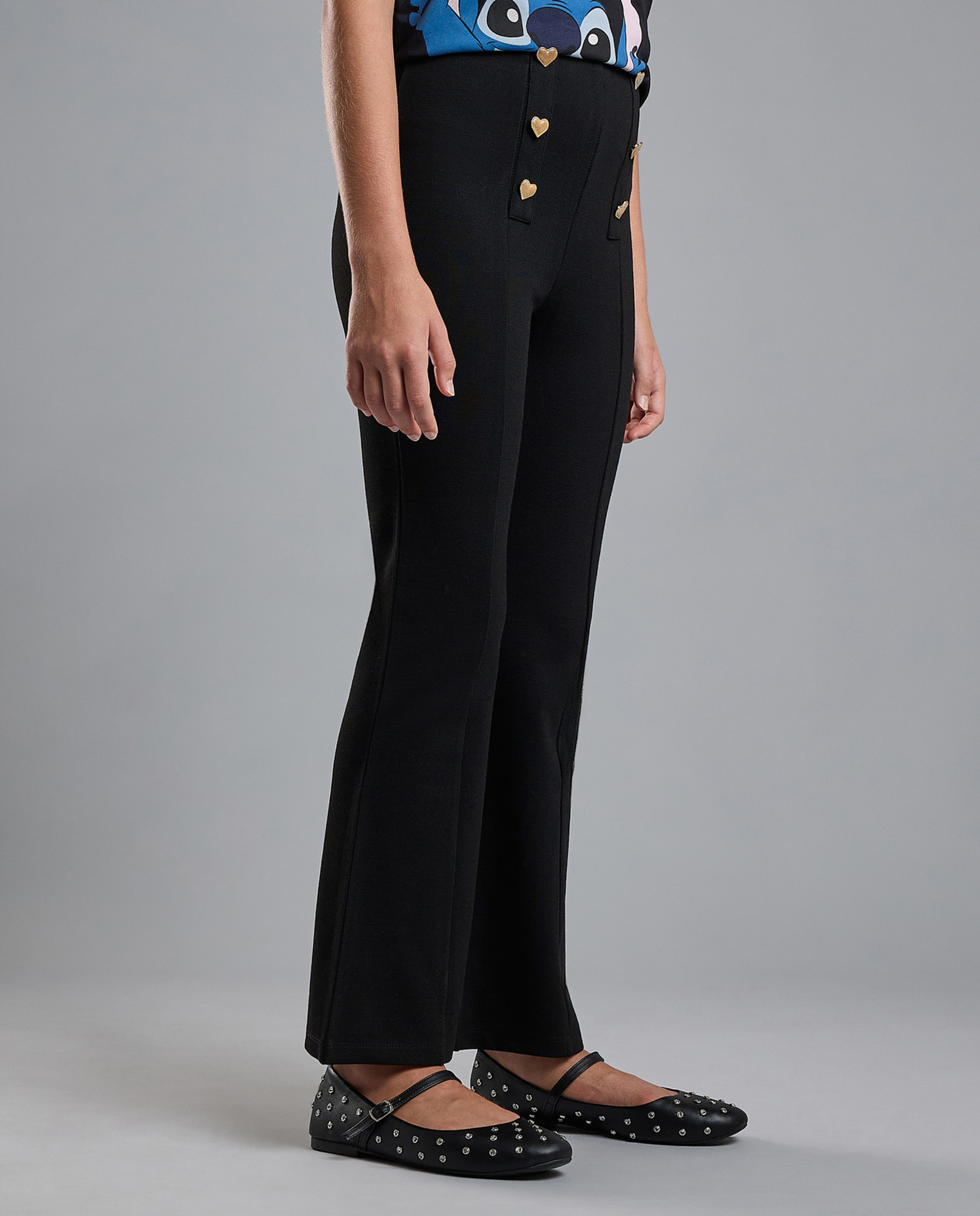Button Detail Flared Pants with Elastic Waist