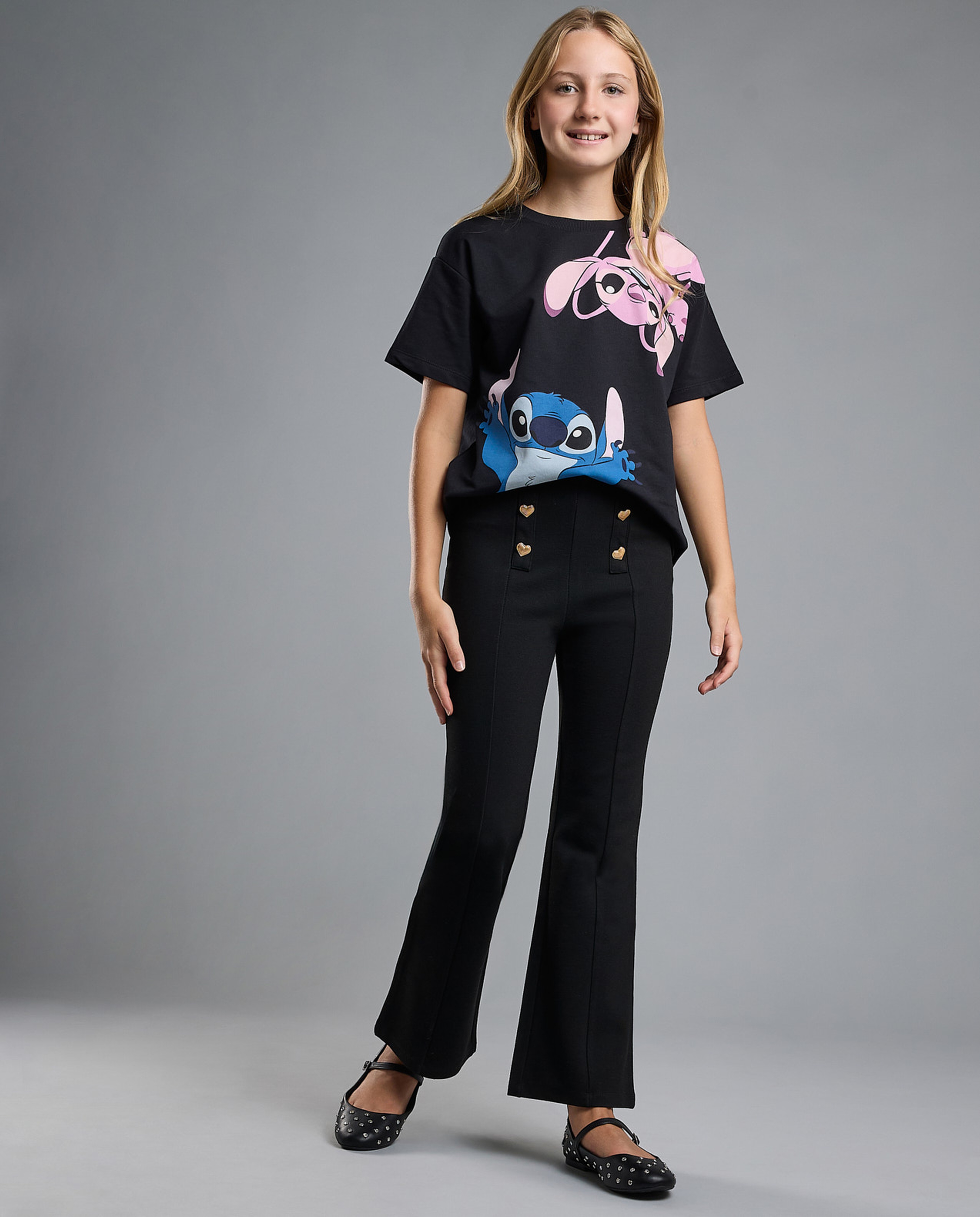 Button Detail Flared Pants with Elastic Waist