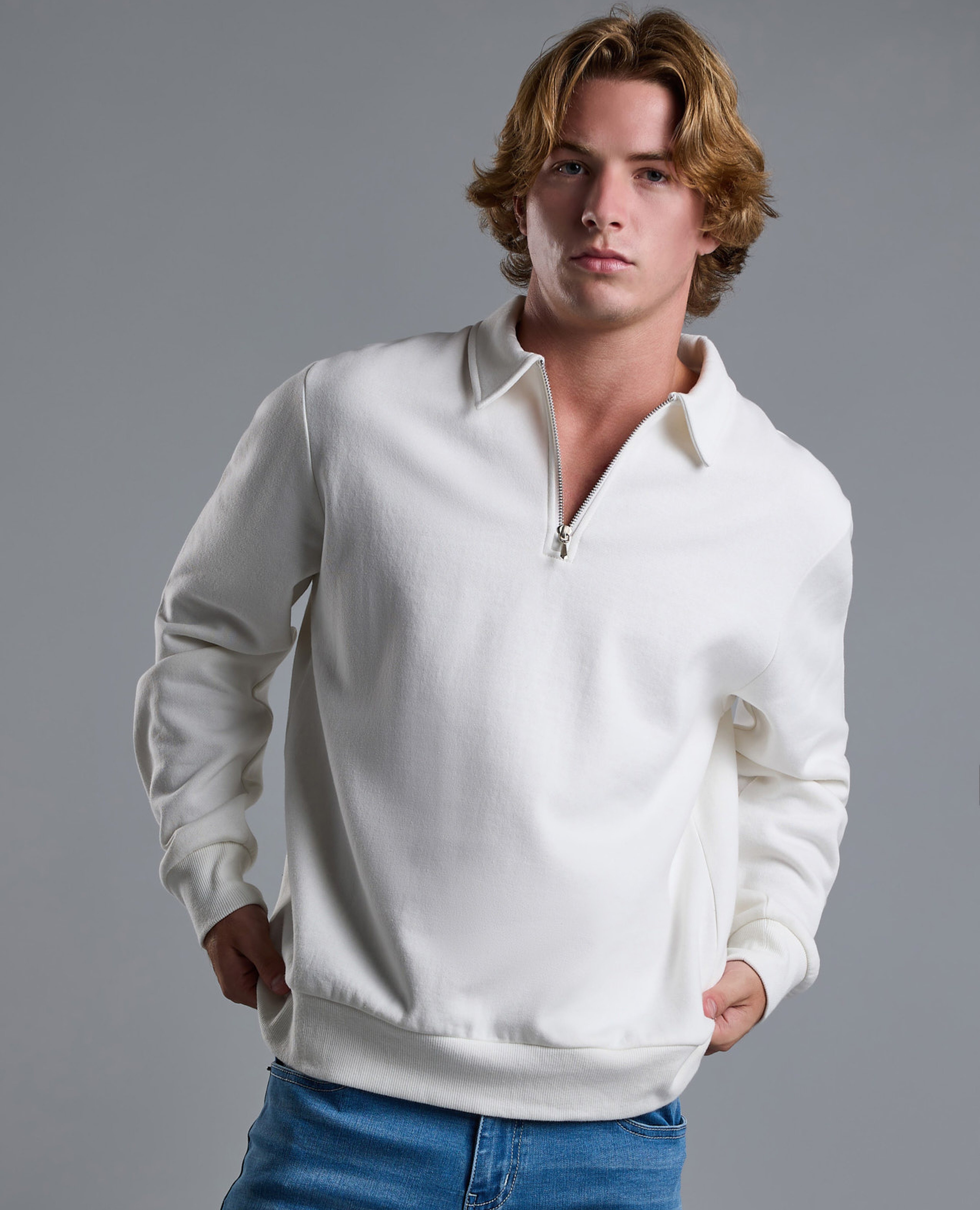 Solid Collared Sweatshirt with Long Sleeves