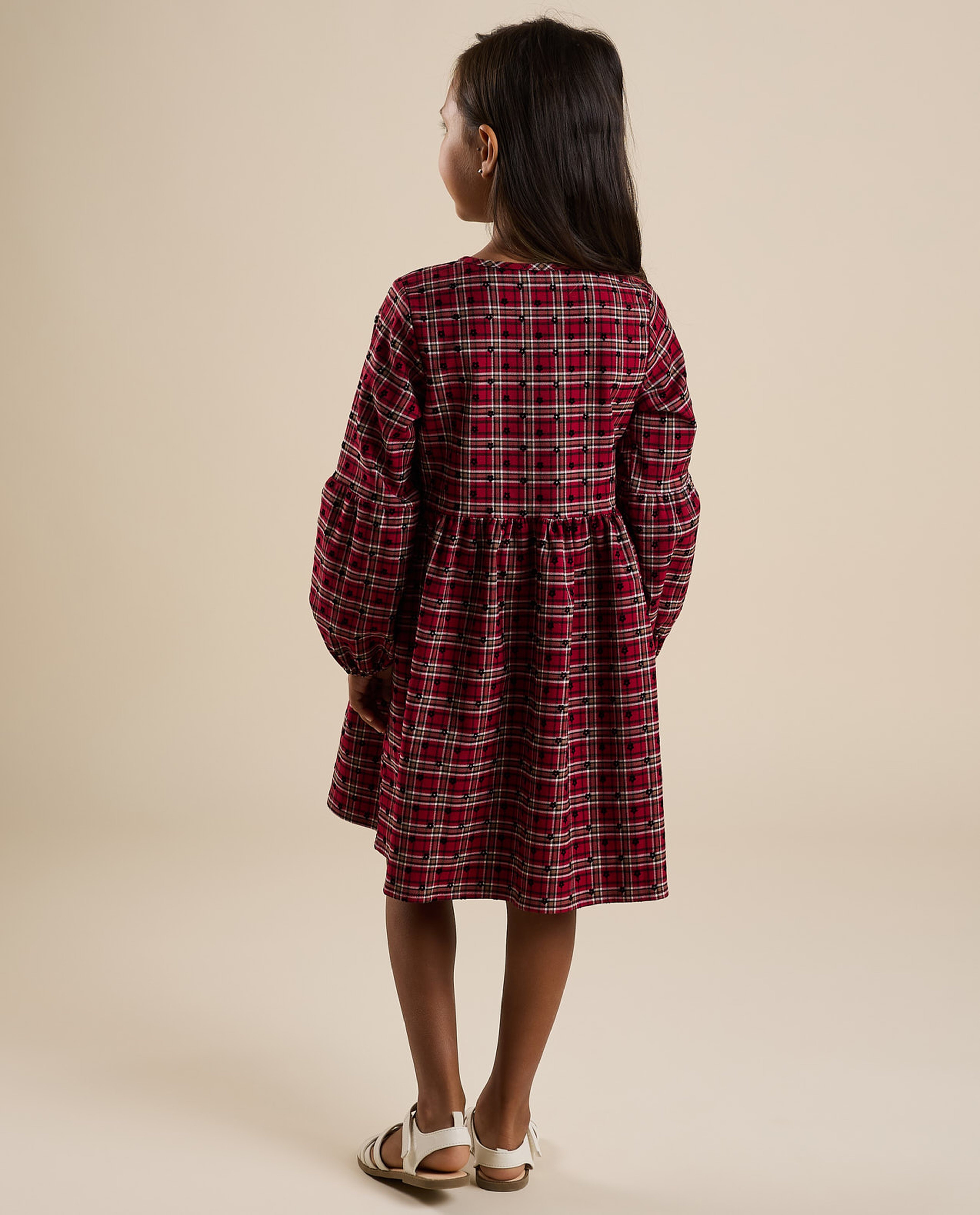 Patterned Fit and Flared Dress with Bishop Sleeves