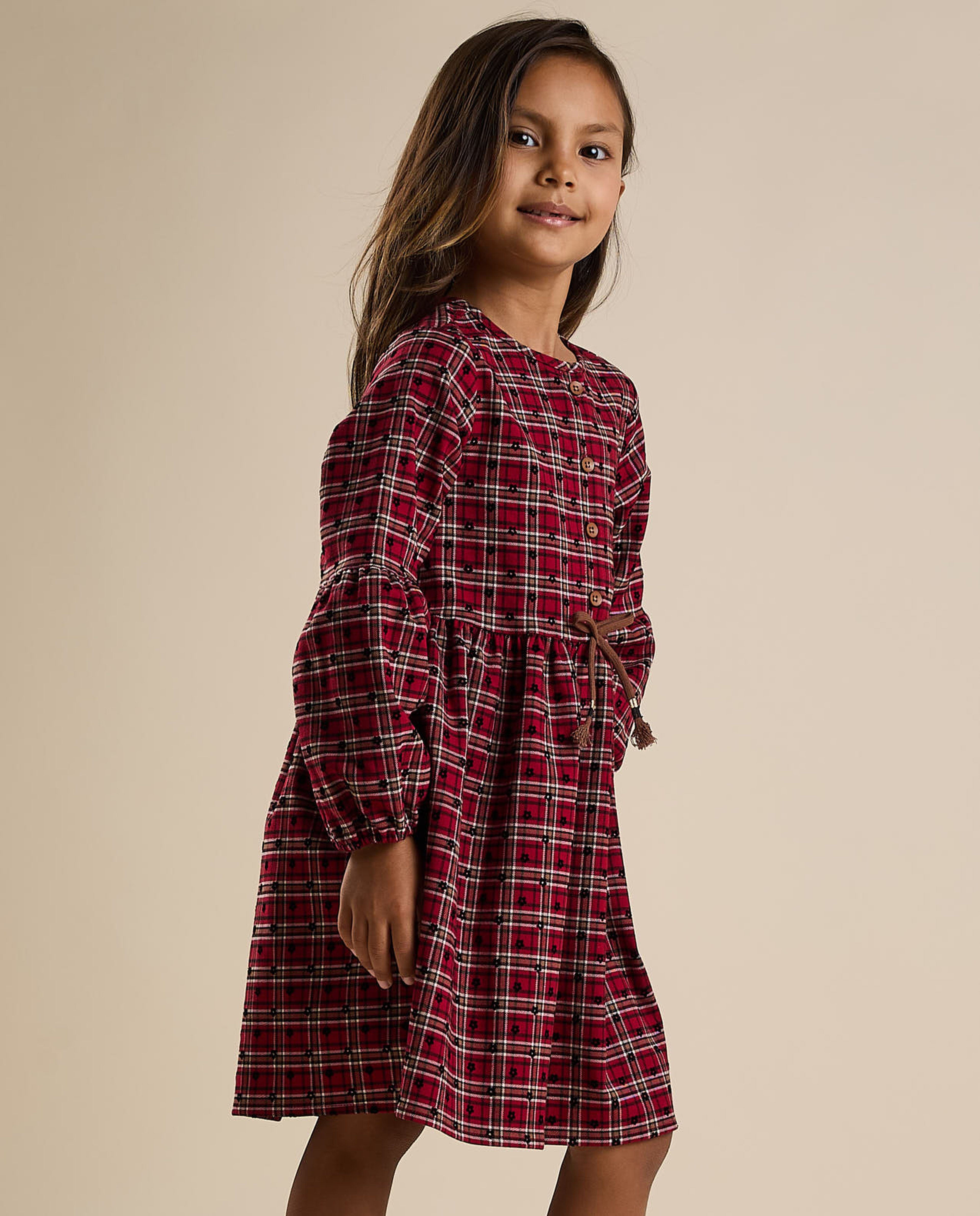 Patterned Fit and Flared Dress with Bishop Sleeves