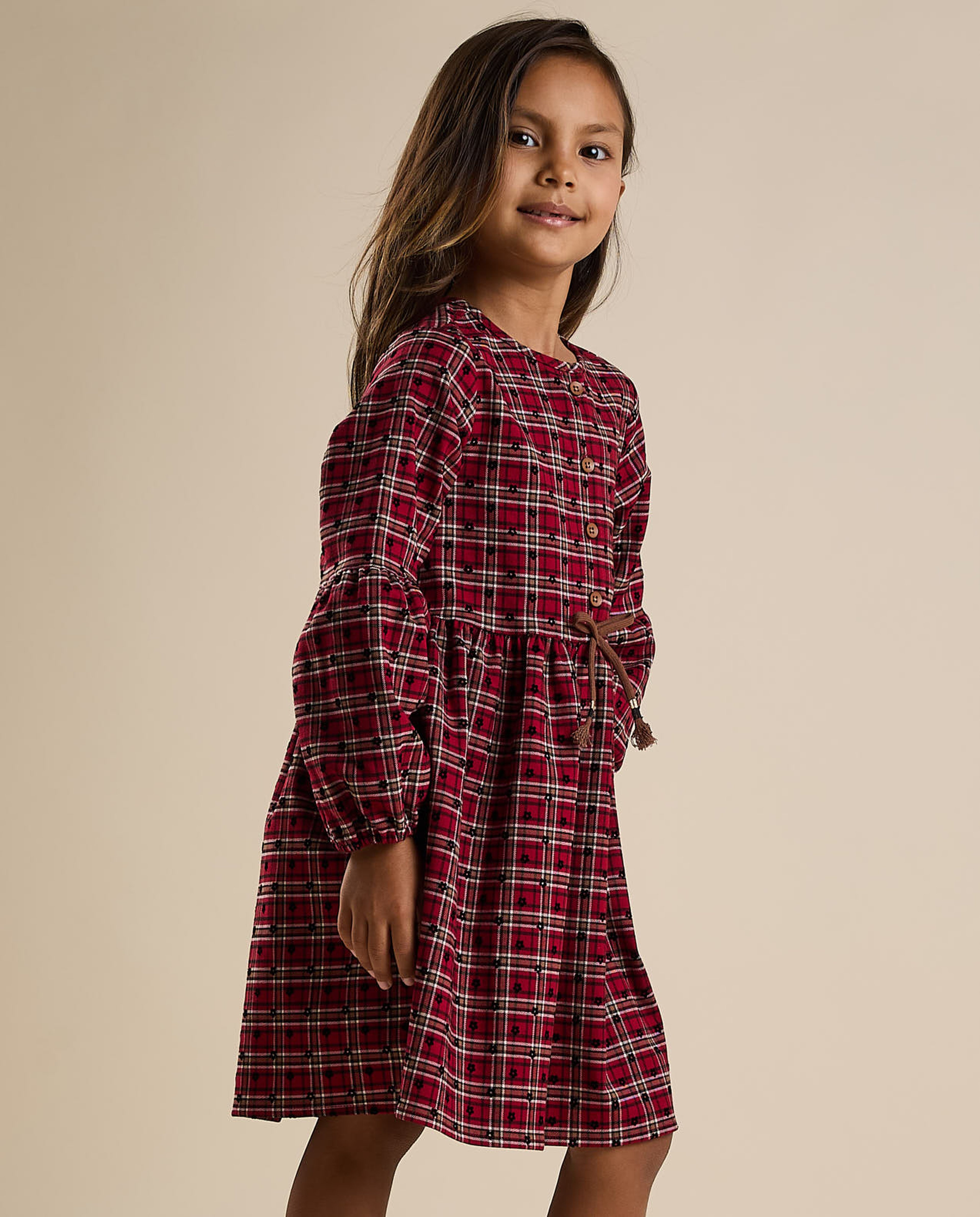 Patterned Fit and Flared Dress with Bishop Sleeves