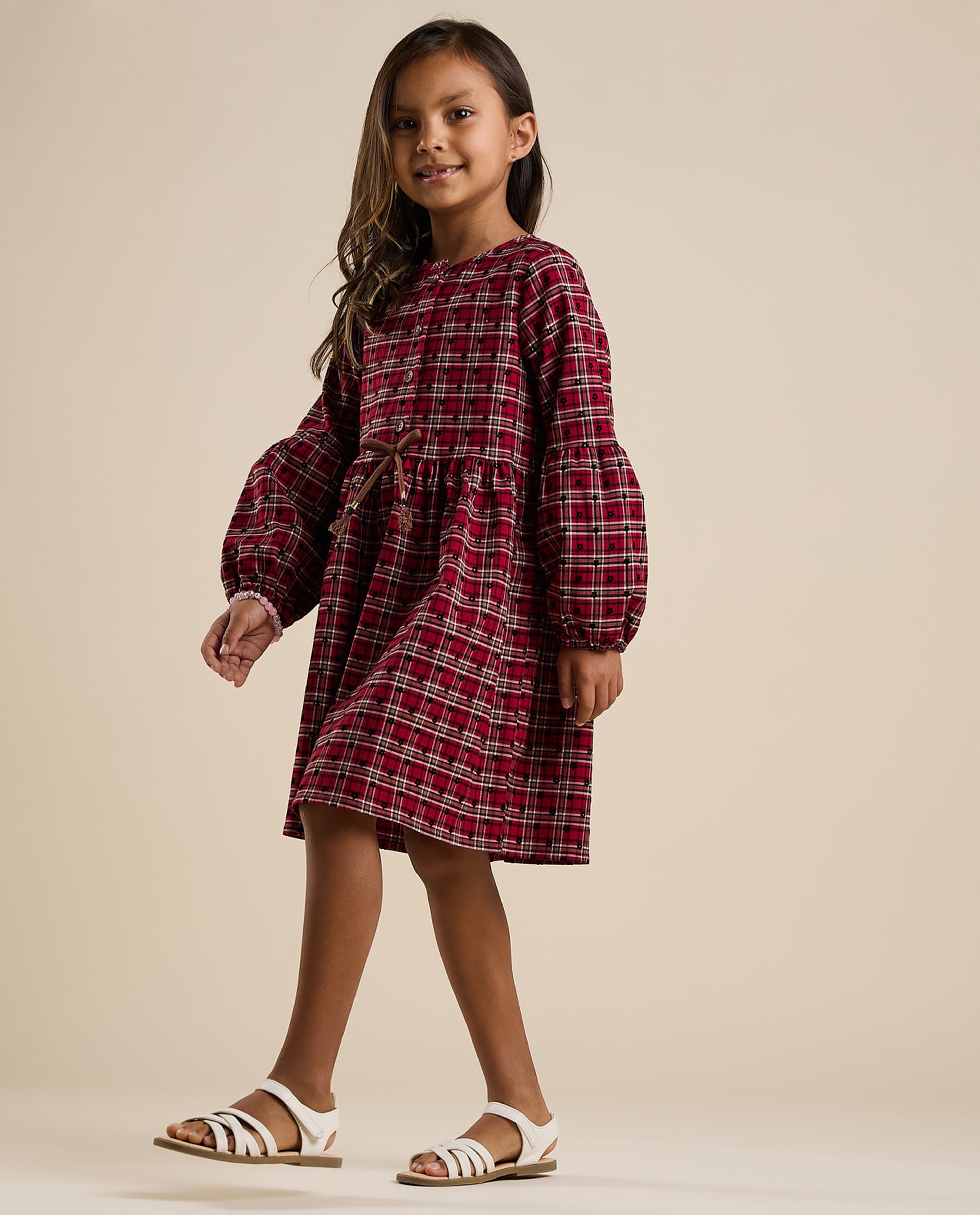 Patterned Fit and Flared Dress with Bishop Sleeves