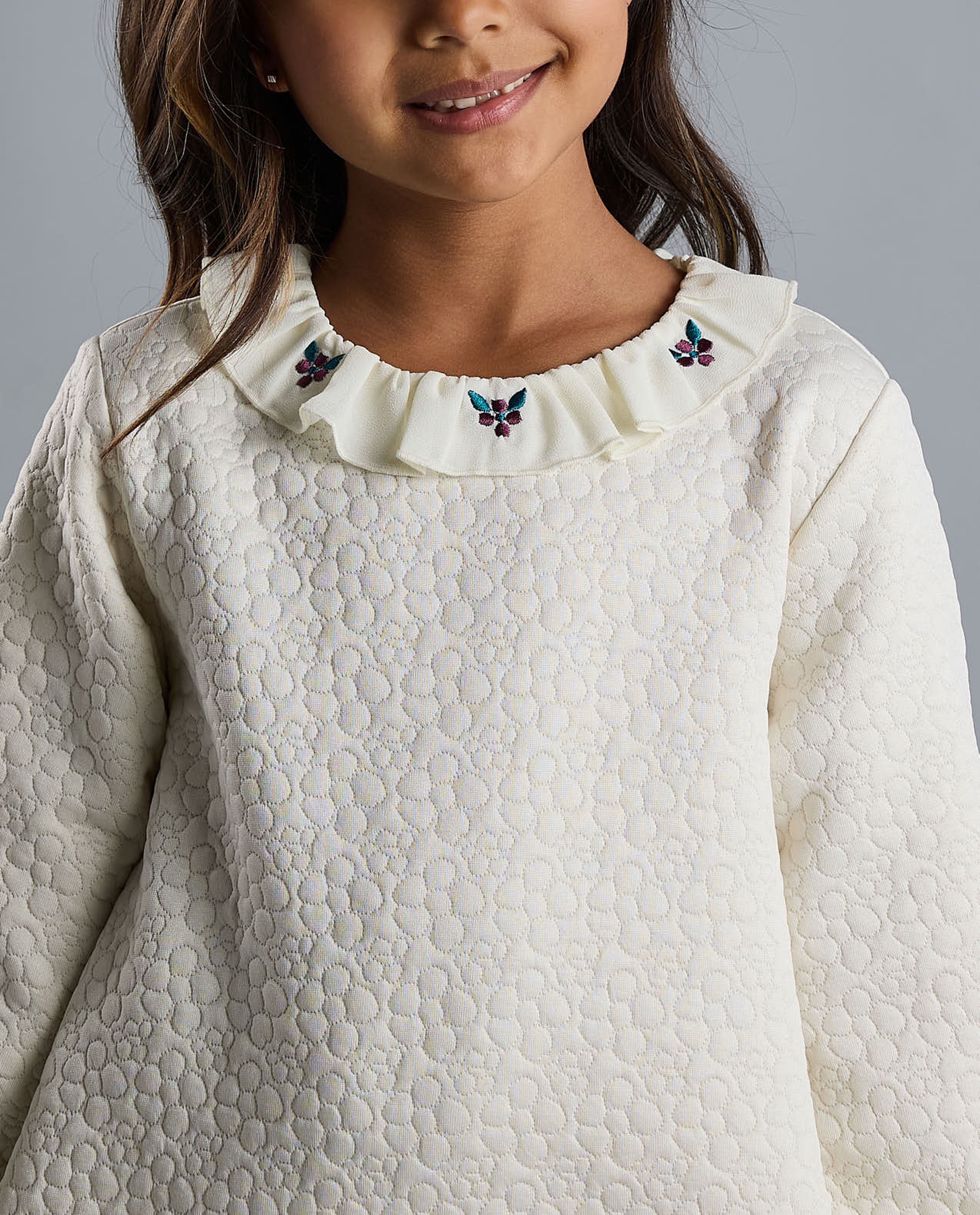 Textured Ruffle Hem Dress with Long Sleeves