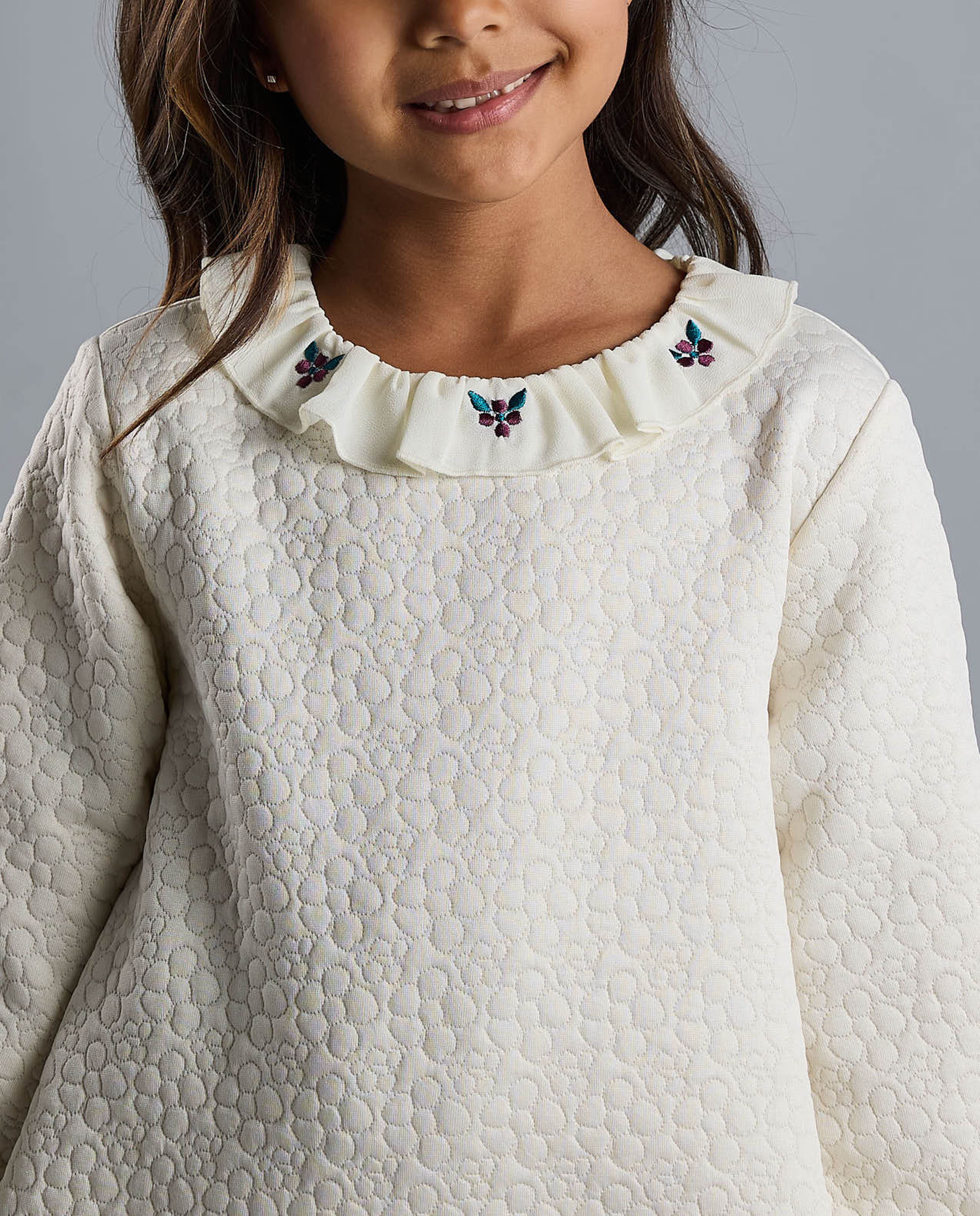 Textured Ruffle Hem Dress with Long Sleeves