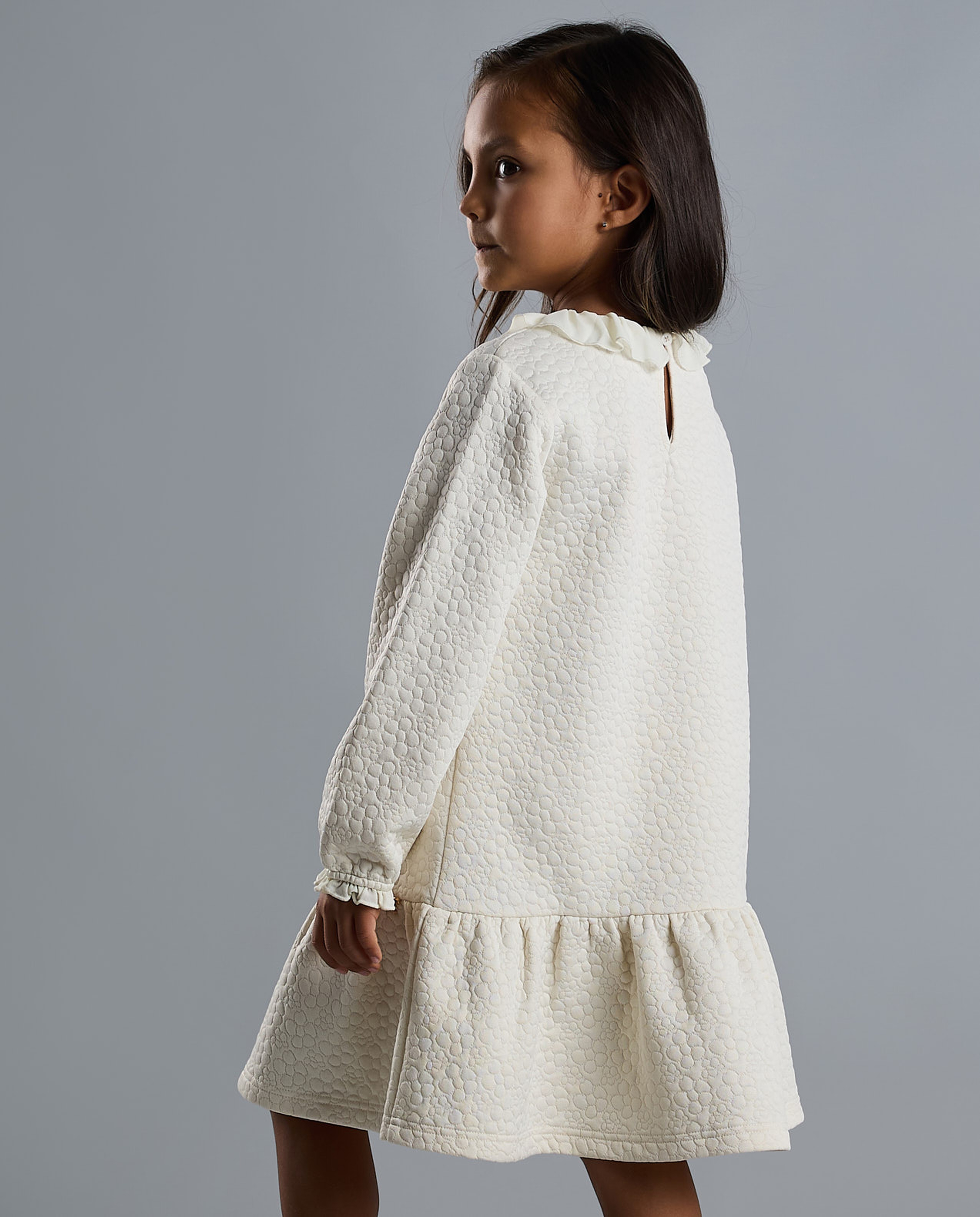 Textured Ruffle Hem Dress with Long Sleeves