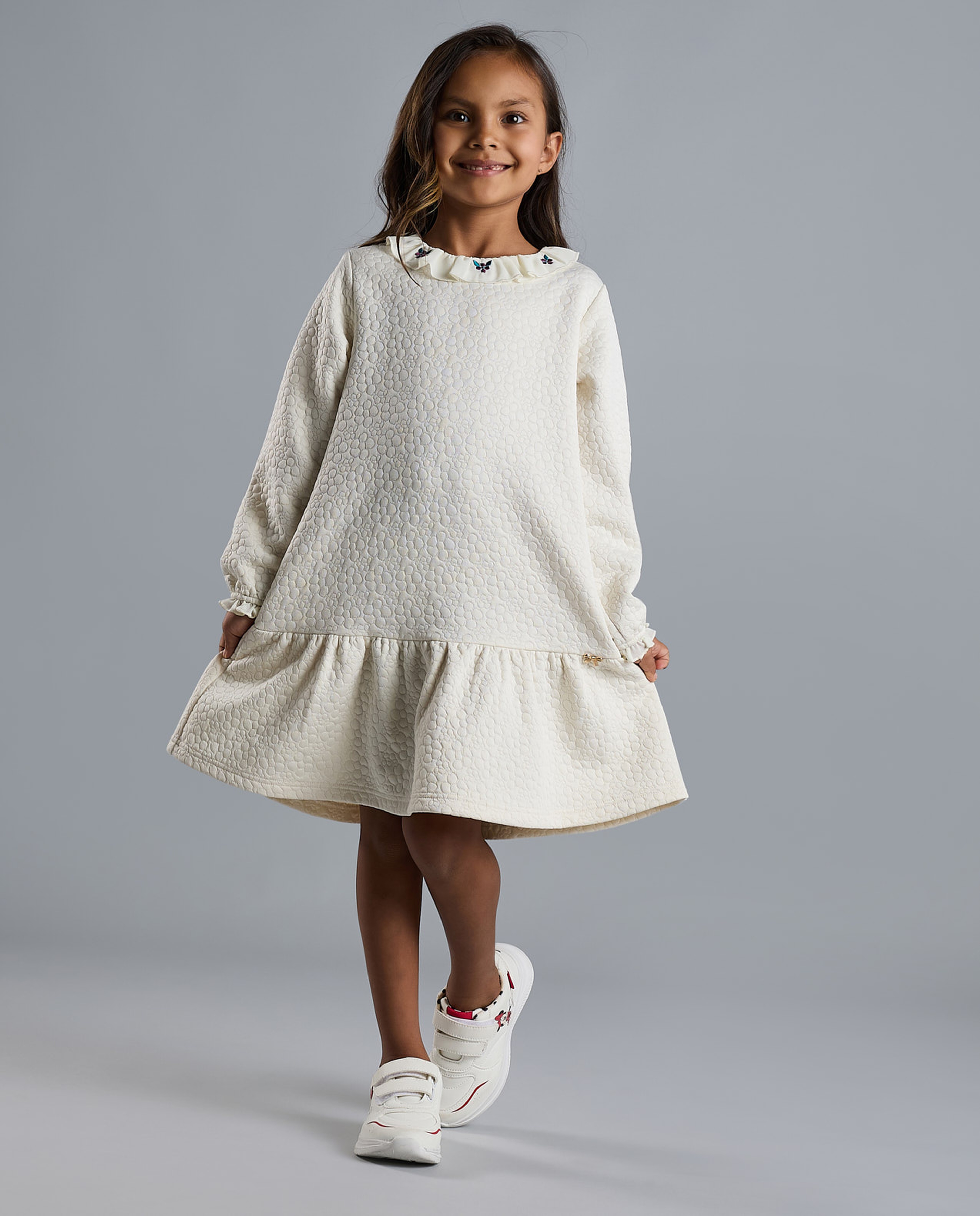 Textured Ruffle Hem Dress with Long Sleeves