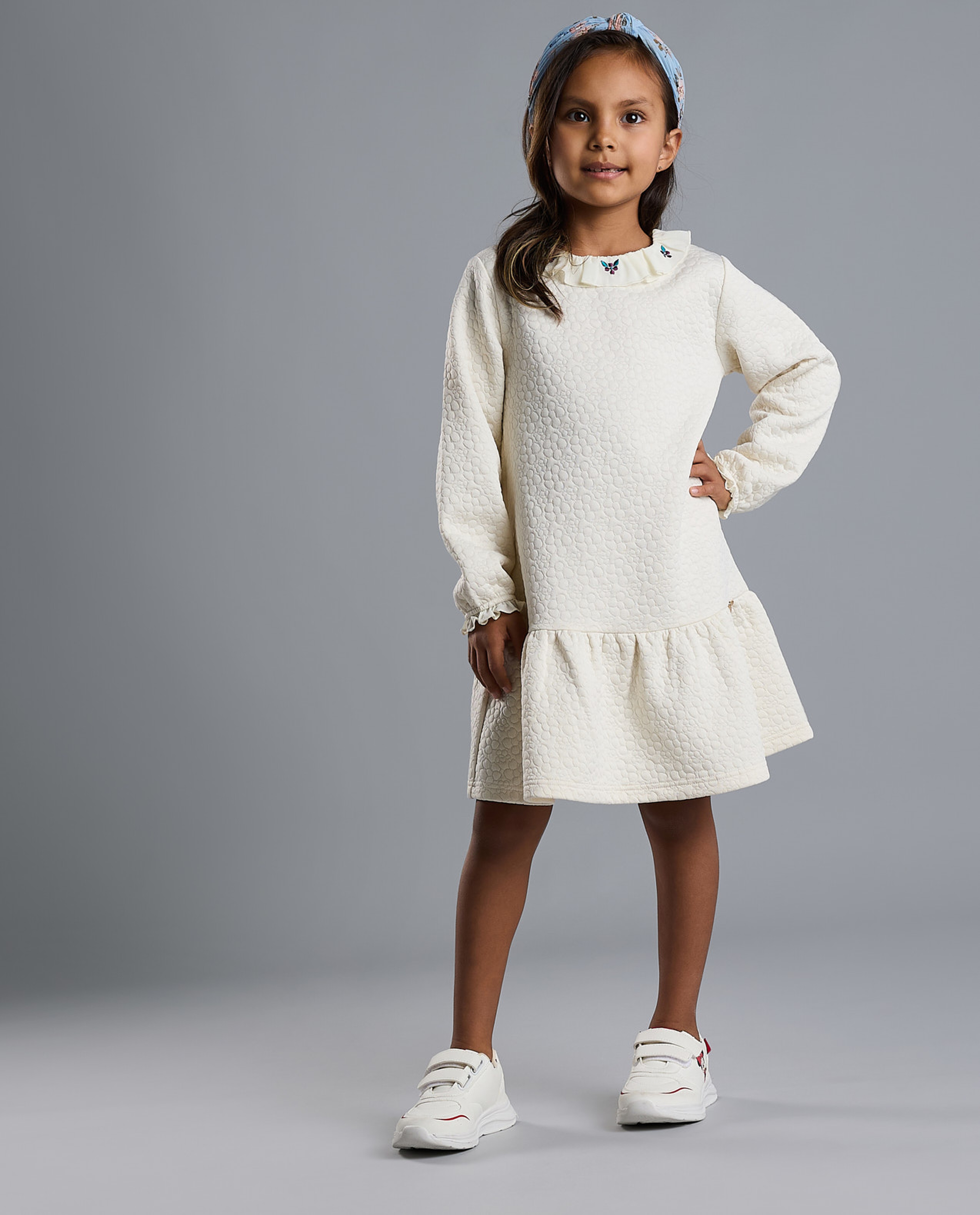 Textured Ruffle Hem Dress with Long Sleeves