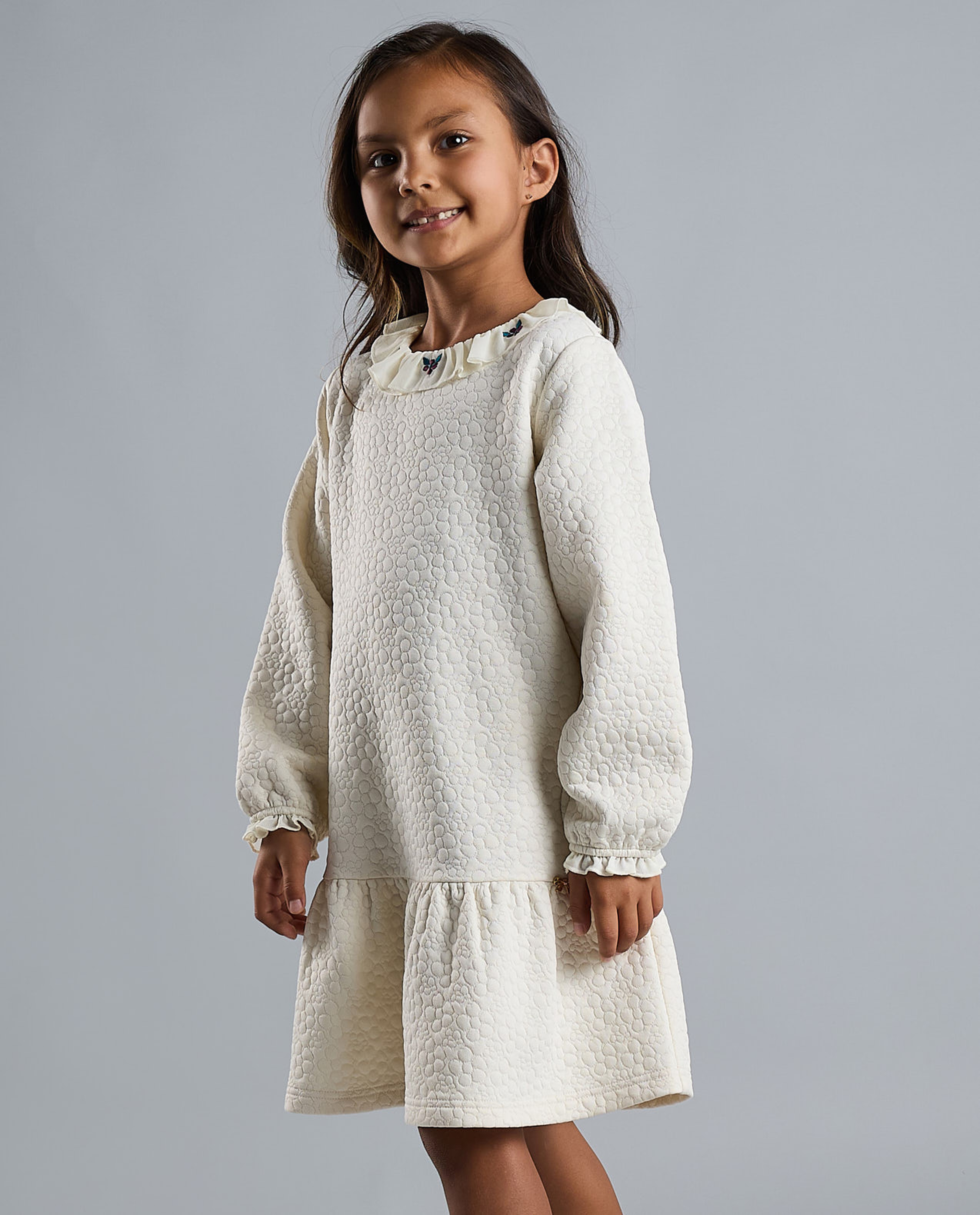 Textured Ruffle Hem Dress with Long Sleeves