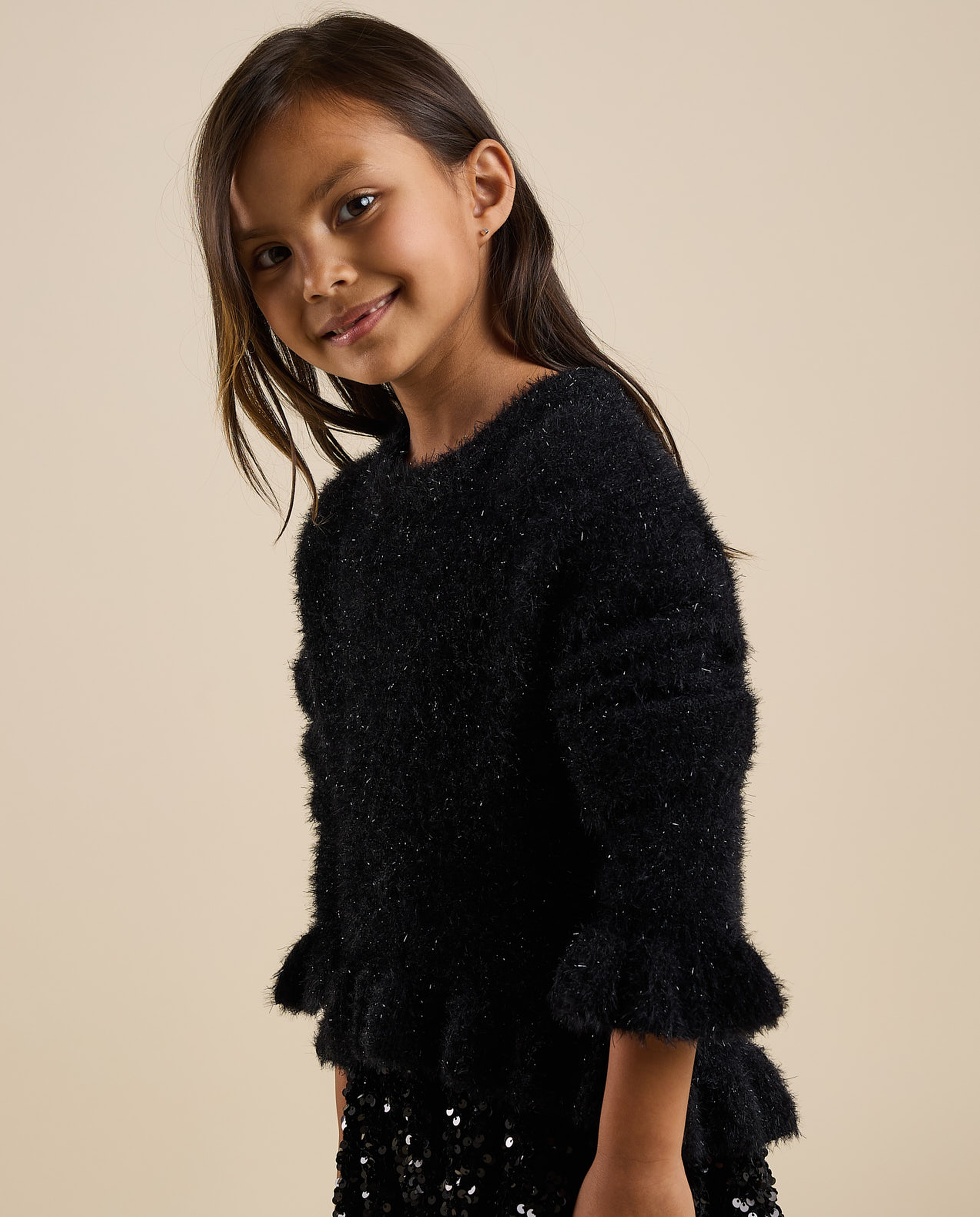 Furry Sweater with Crew Neck and Long Sleeves