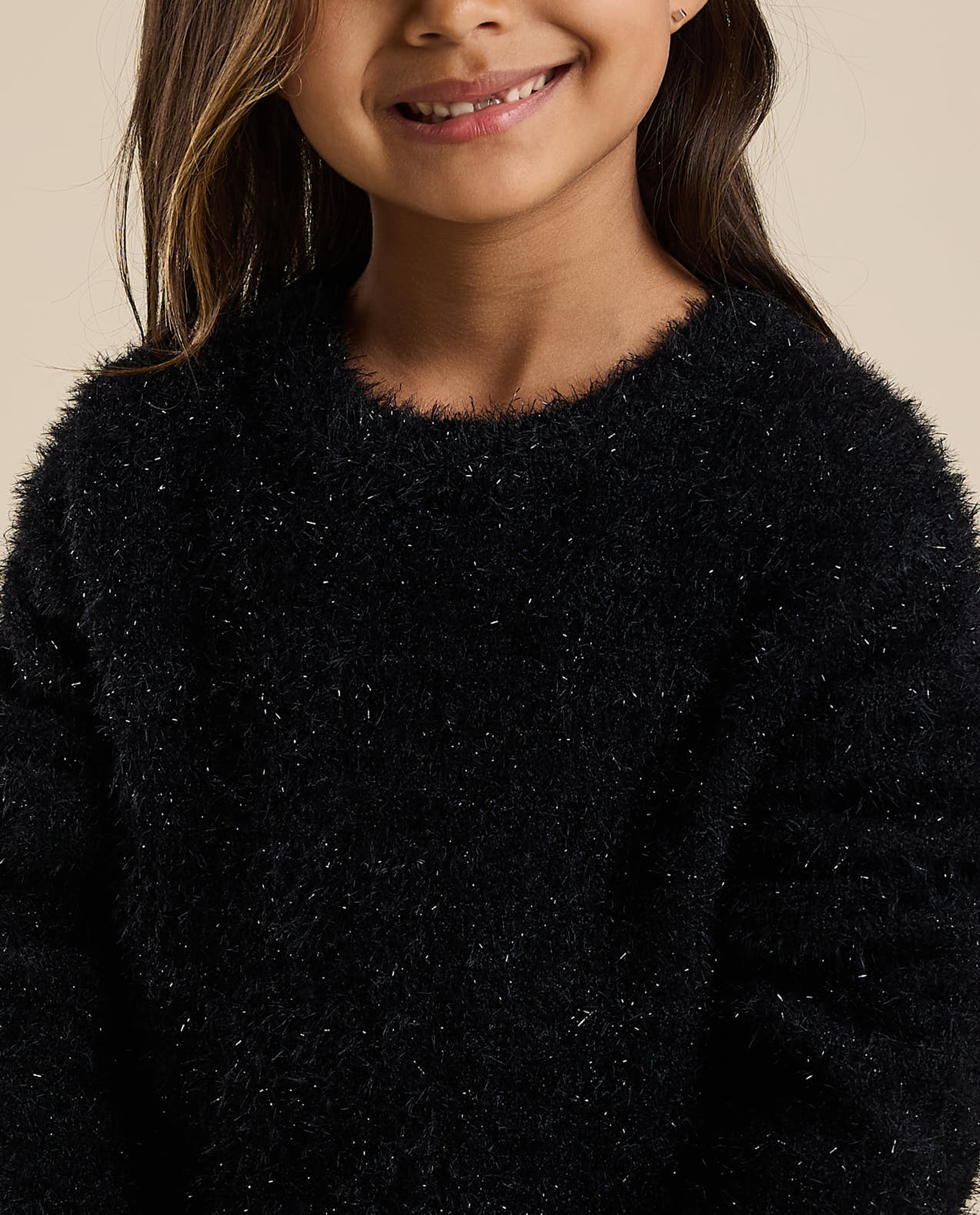 Furry Sweater with Crew Neck and Long Sleeves