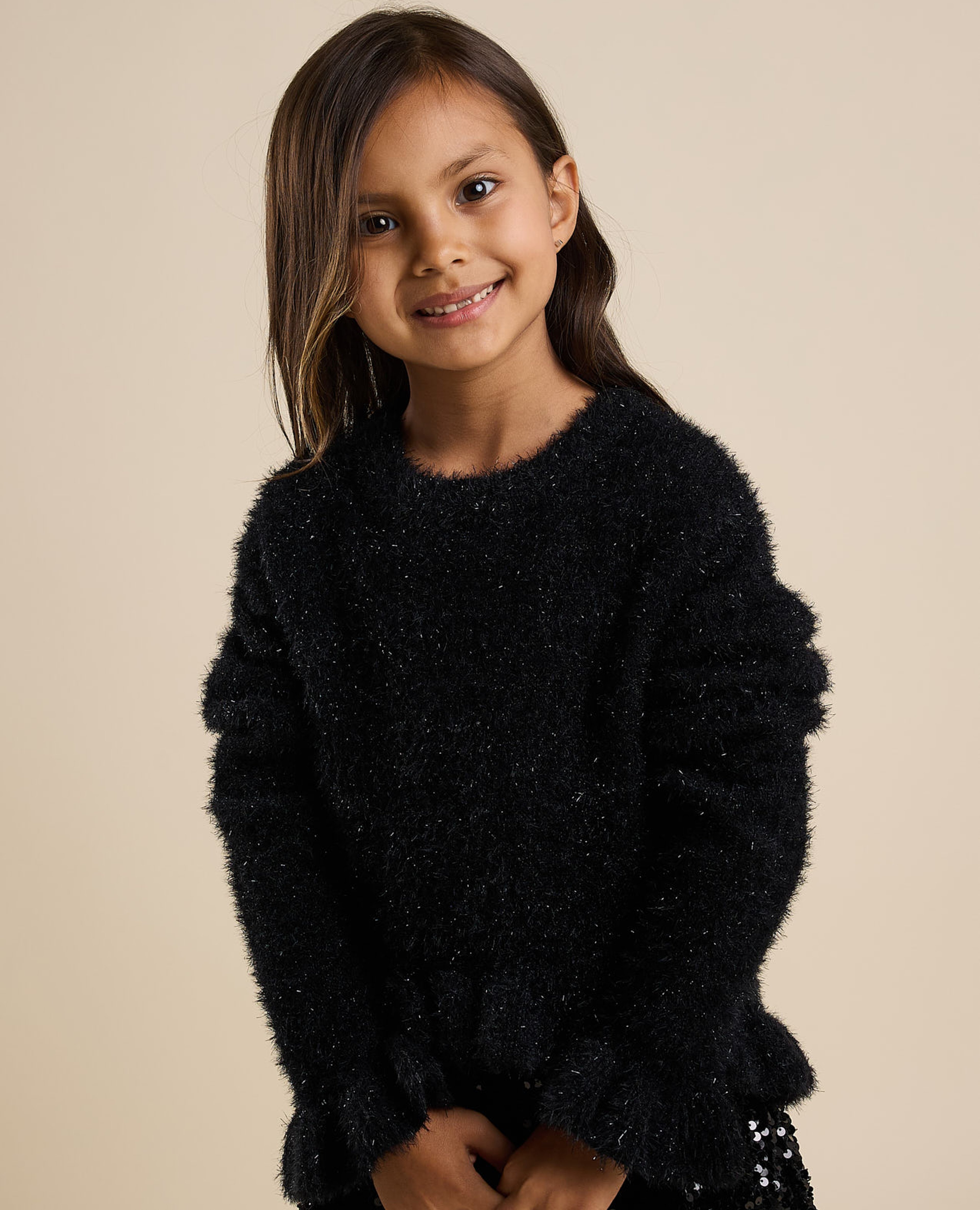 Furry Sweater with Crew Neck and Long Sleeves