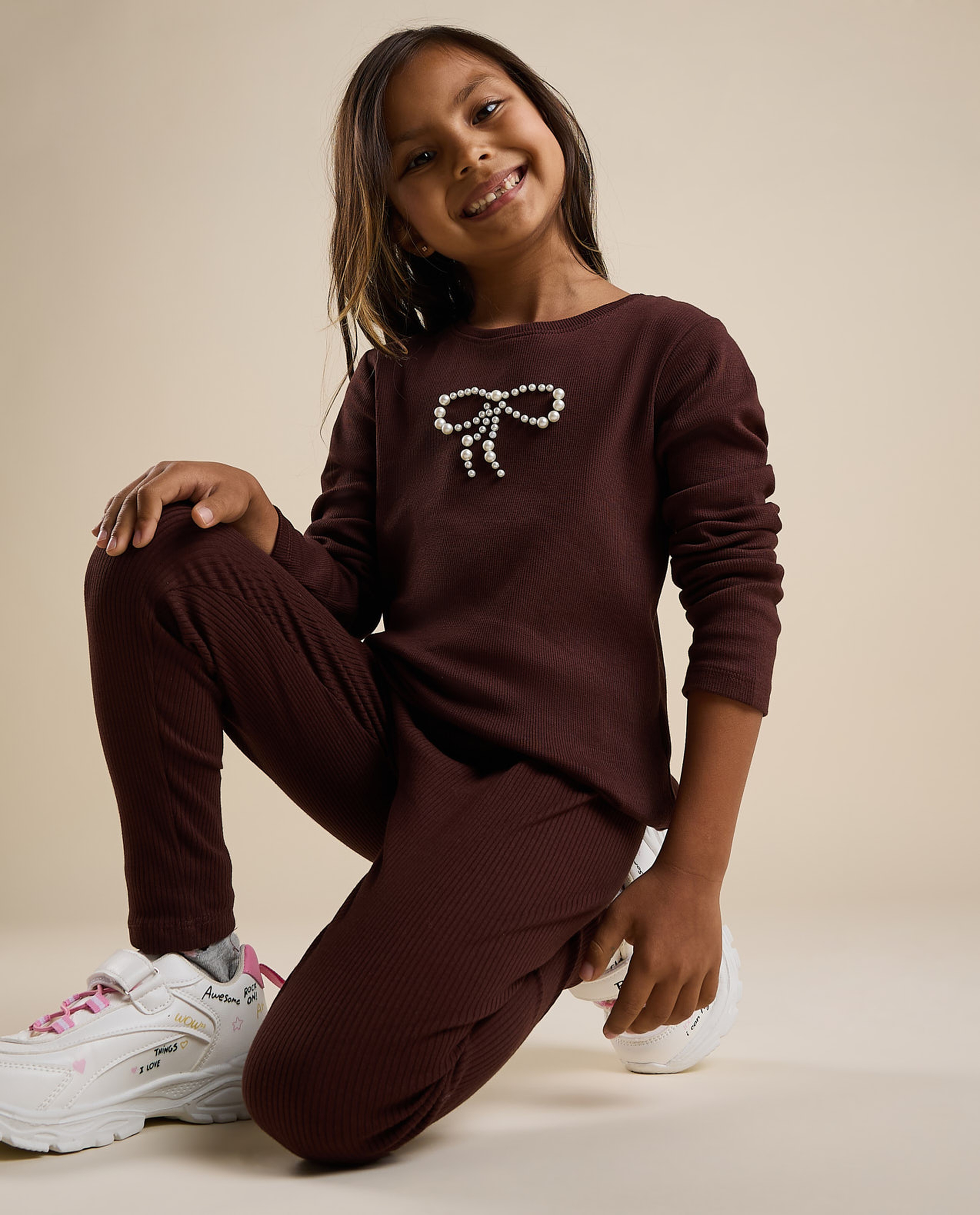 Pearl Embroidered T-Shirt with Crew Neck and Long Sleeves