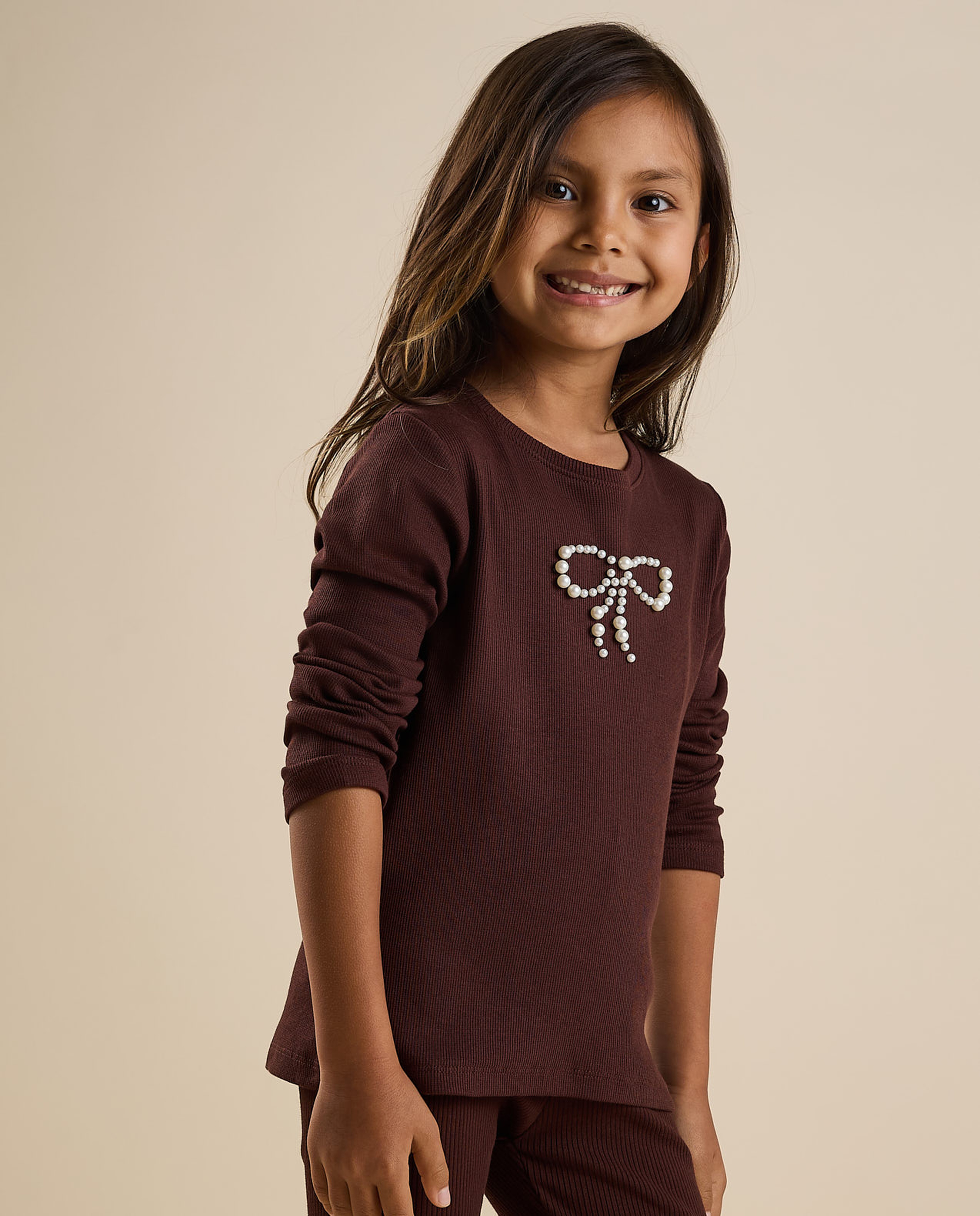 Pearl Embroidered T-Shirt with Crew Neck and Long Sleeves