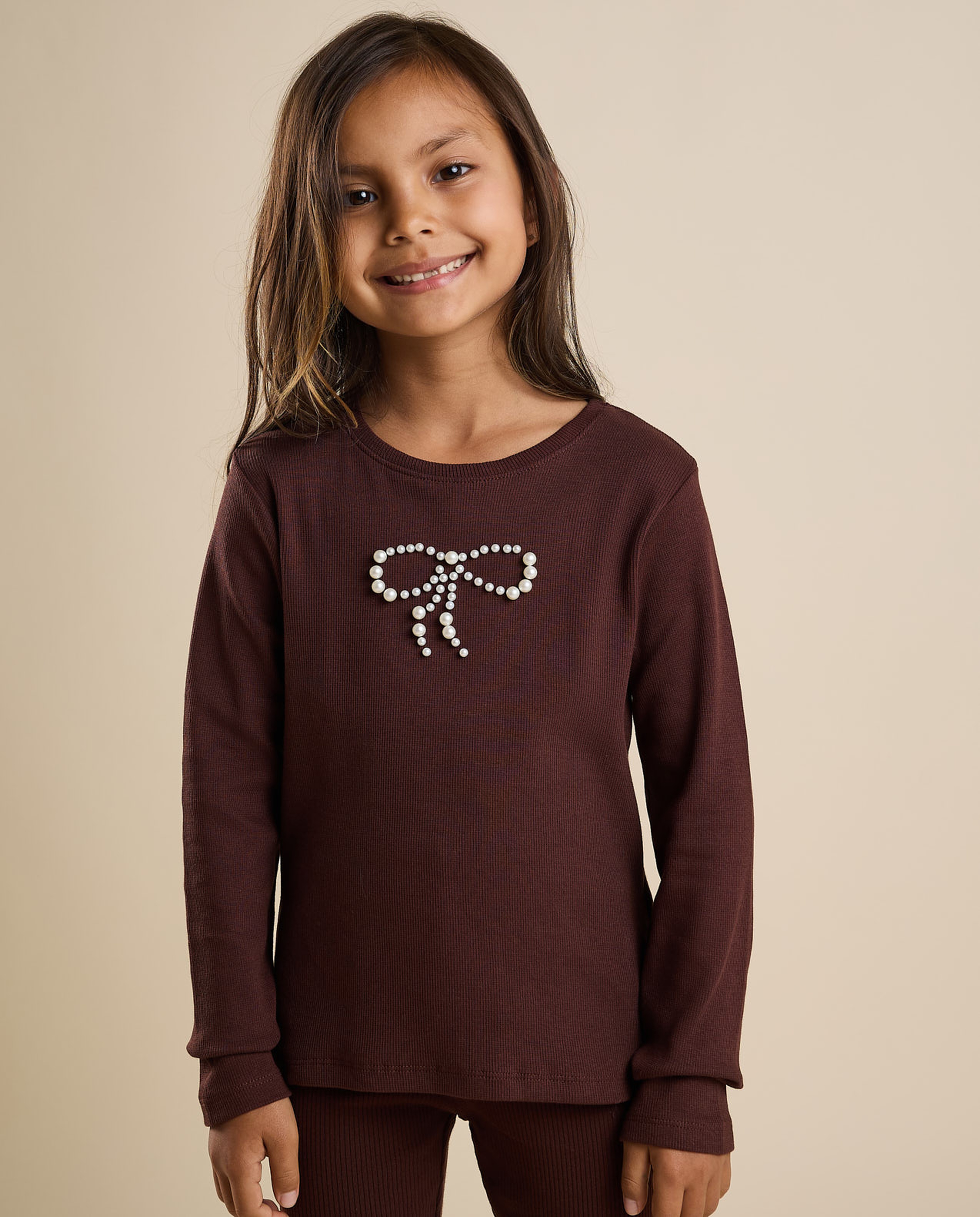 Pearl Embroidered T-Shirt with Crew Neck and Long Sleeves