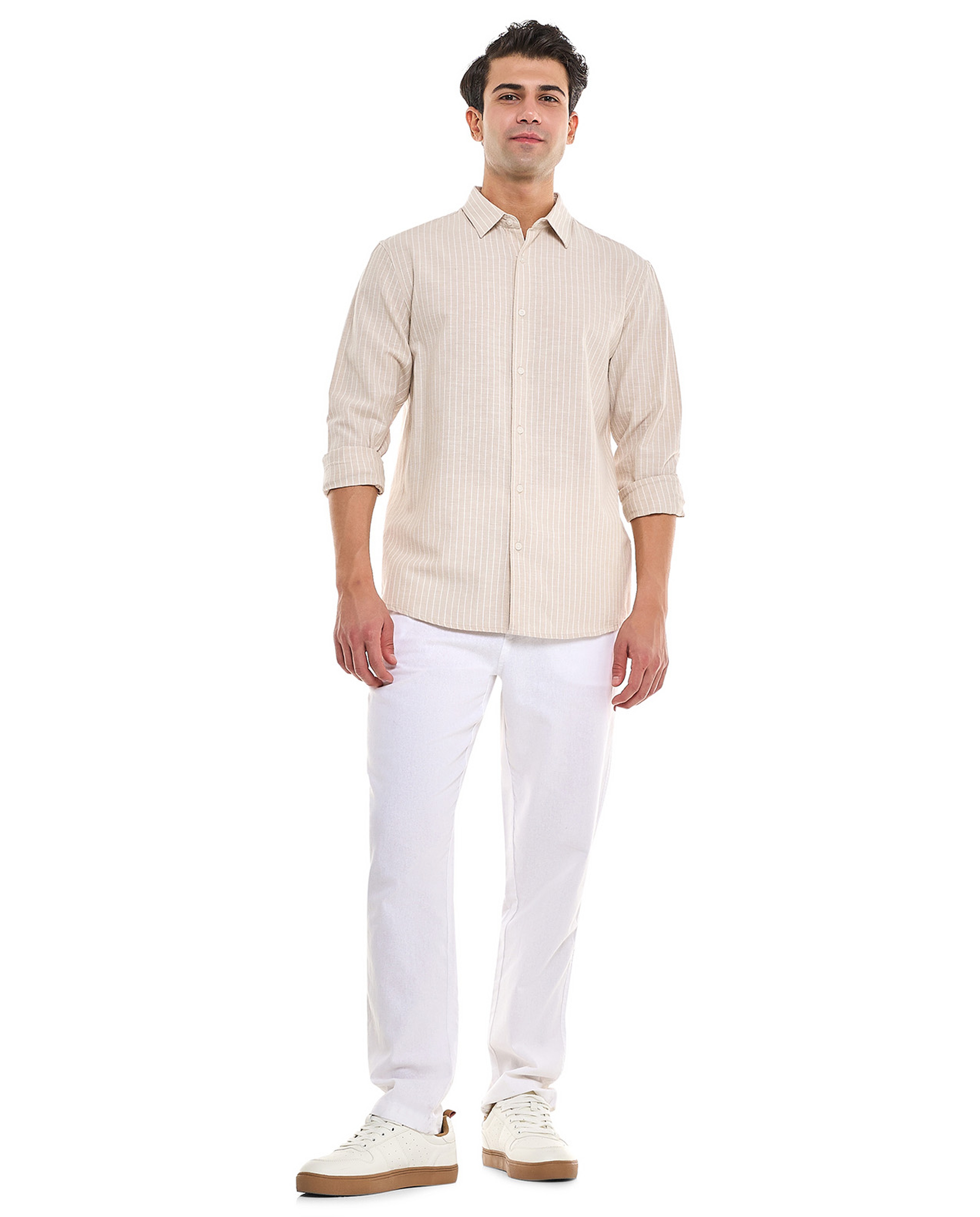Textured Shirt With Stand Collar and Long Sleeves