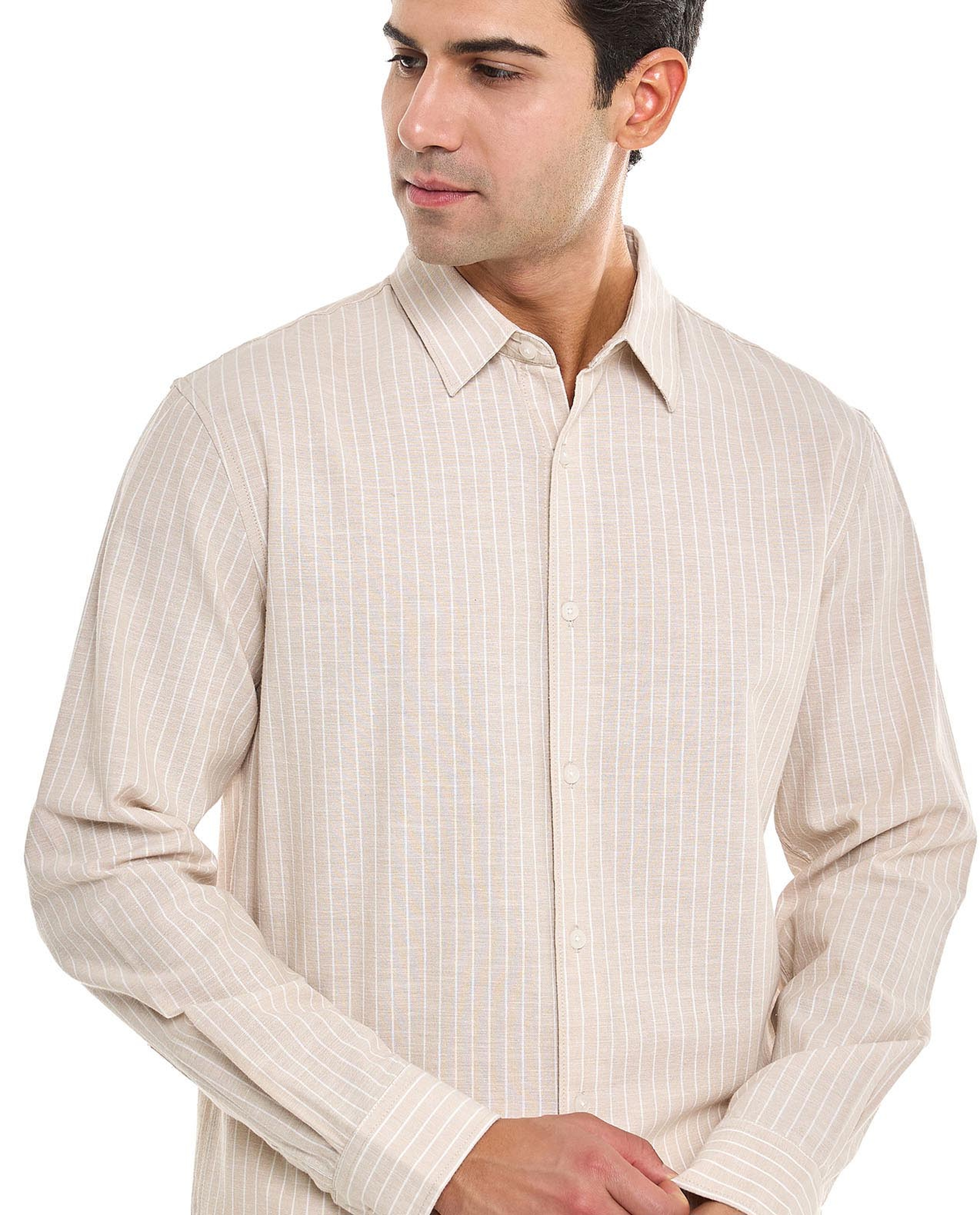 Textured Shirt With Stand Collar and Long Sleeves