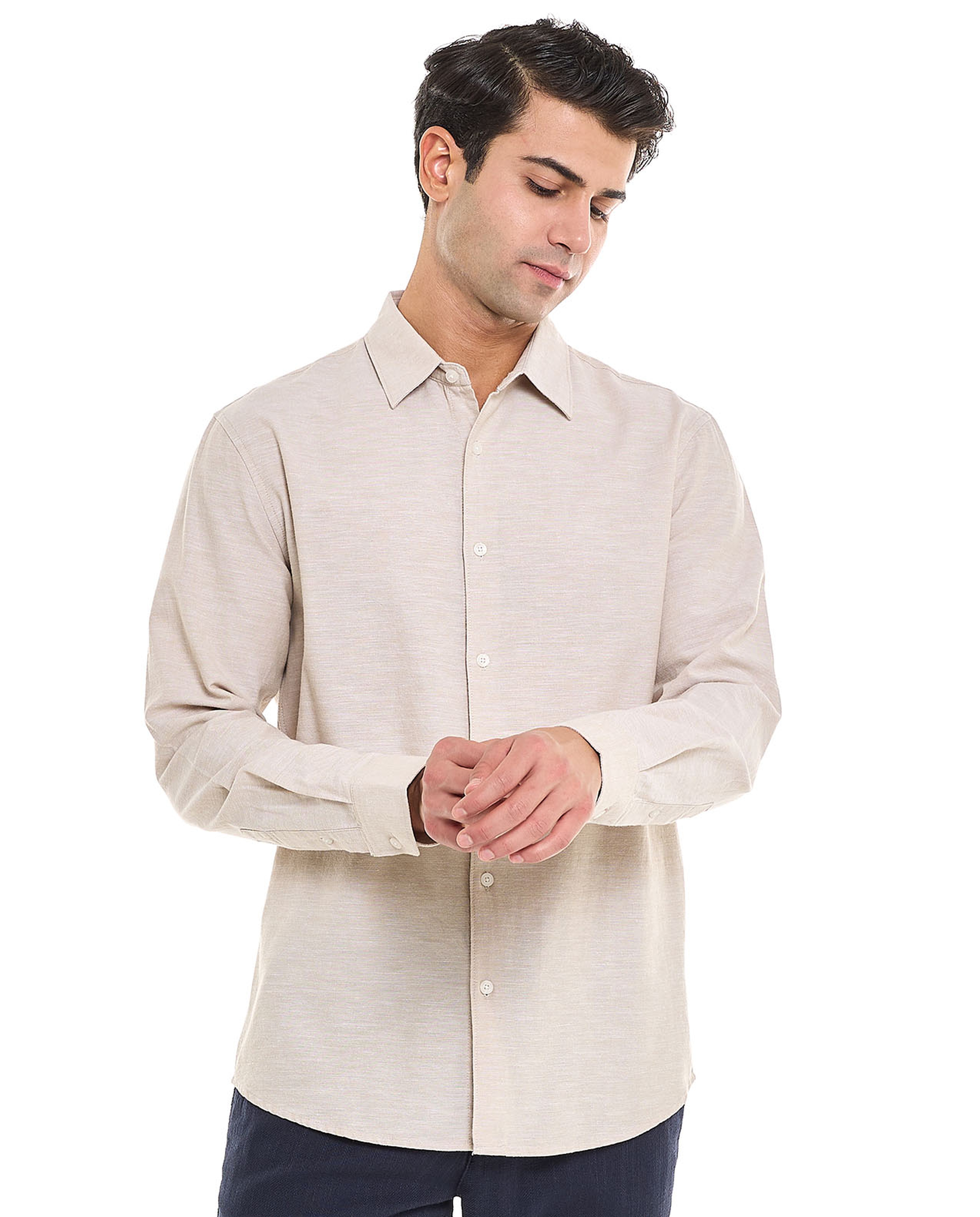 Solid Shirt With Stand Collar and Long Sleeves