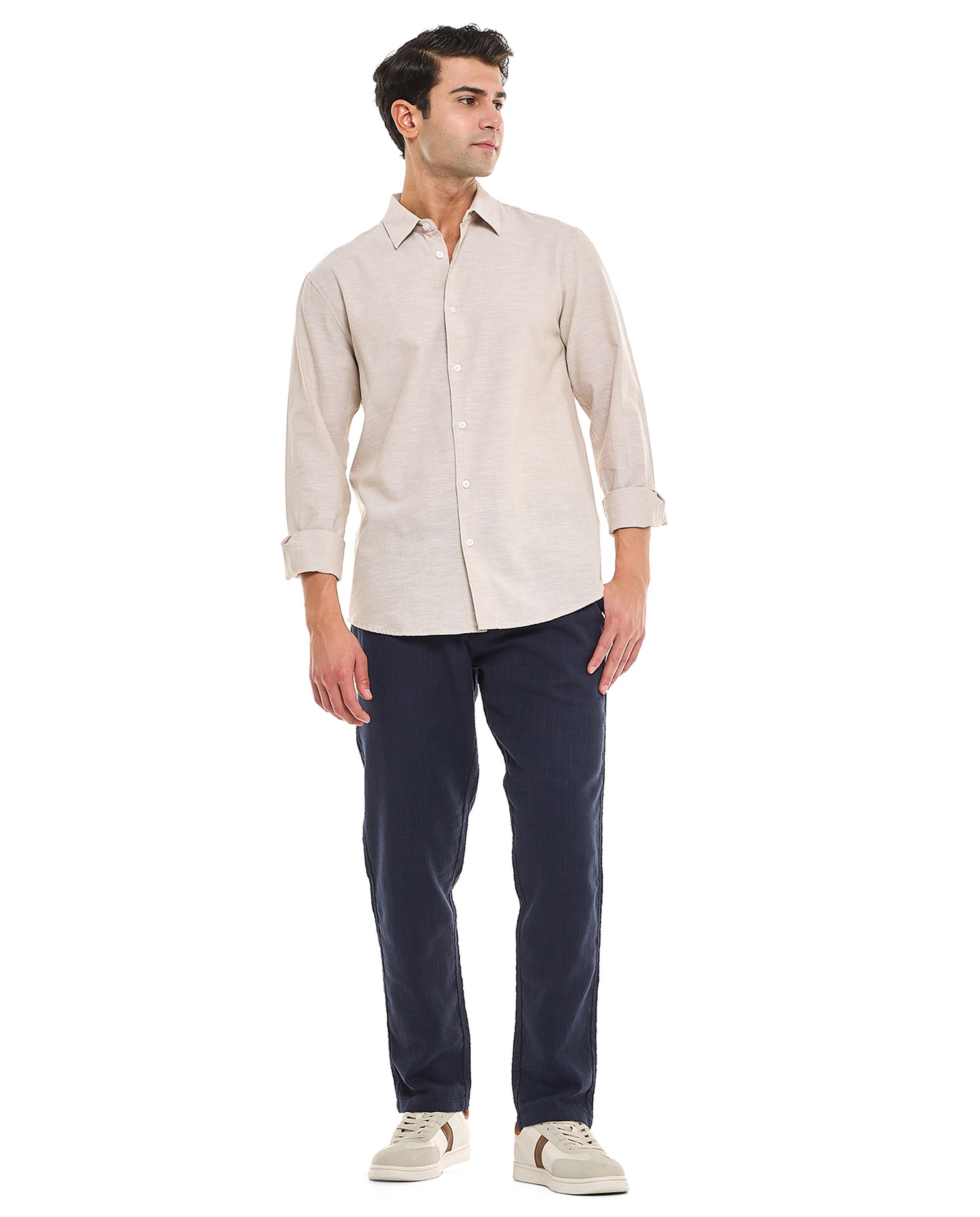 Solid Shirt With Stand Collar and Long Sleeves