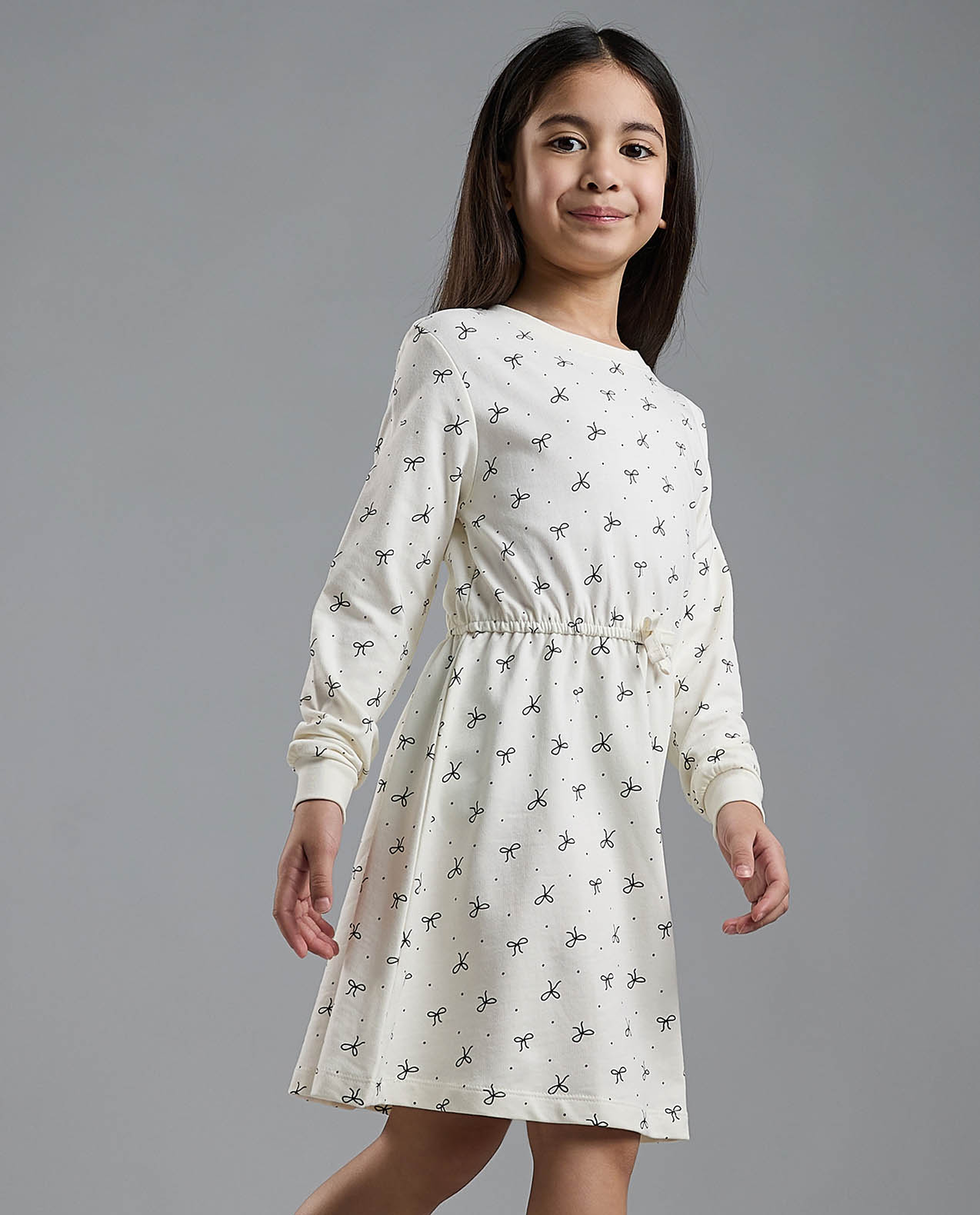 Printed Knit Dress with Crew Neck and Long Sleeves
