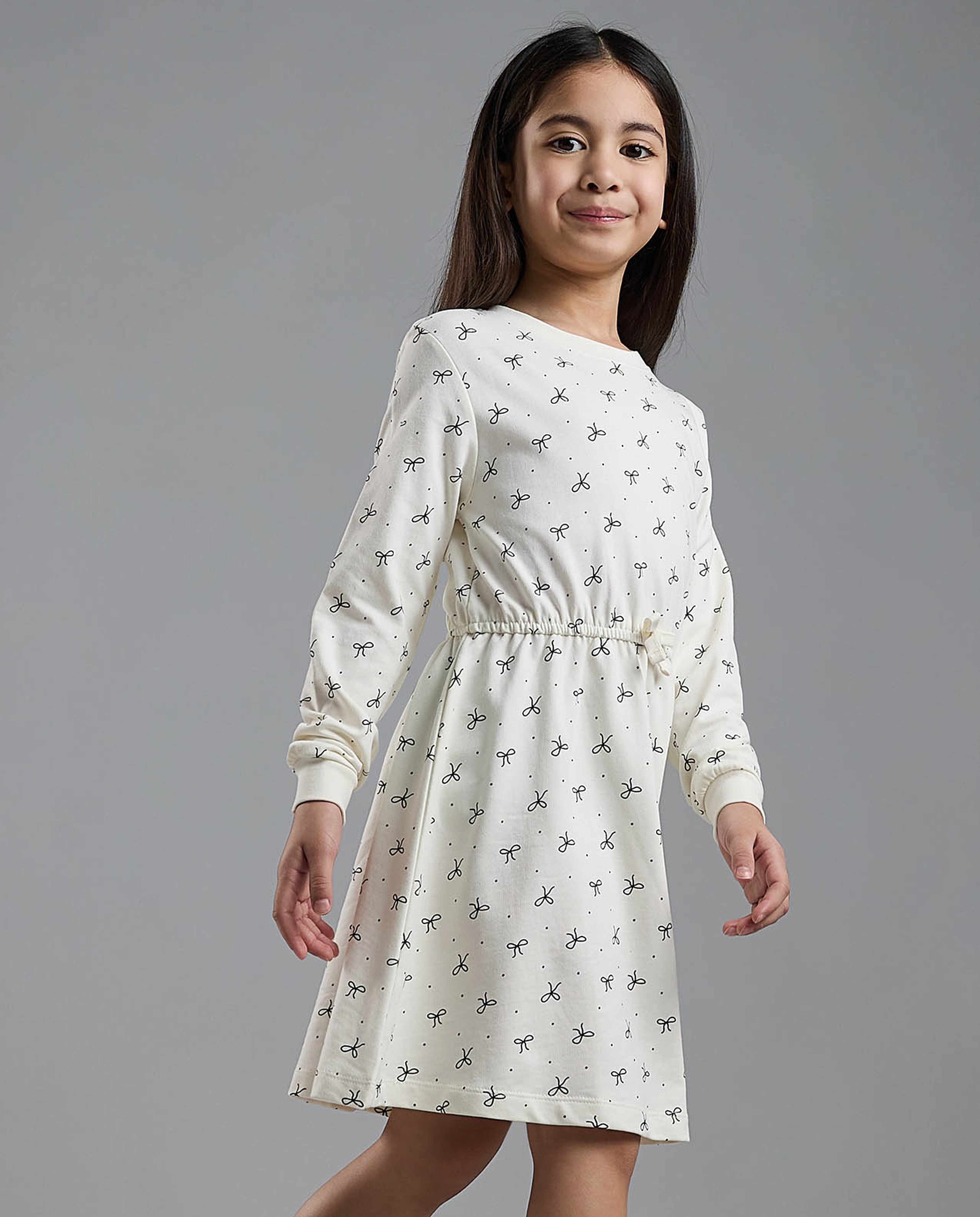 Printed Knit Dress with Crew Neck and Long Sleeves