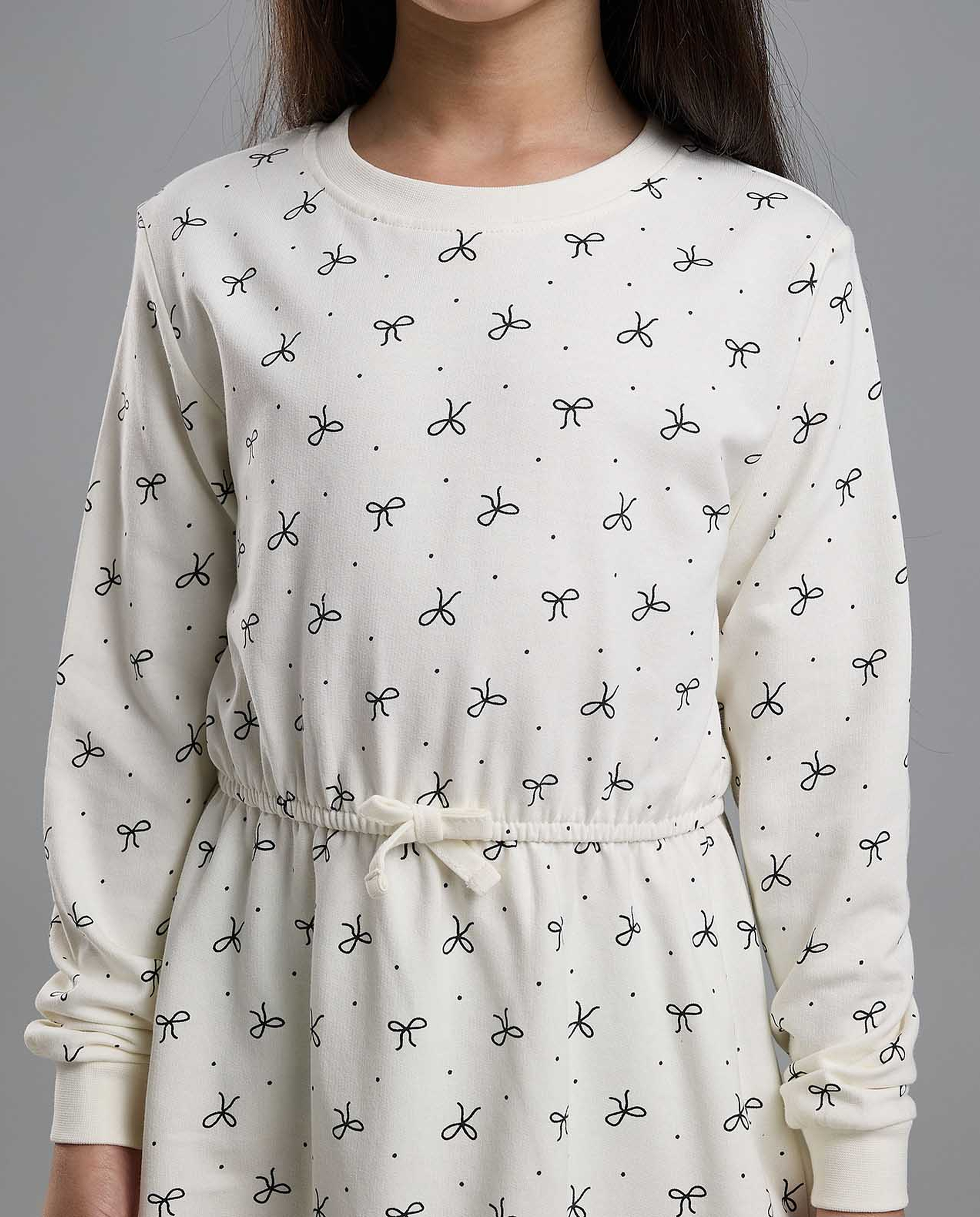 Printed Knit Dress with Crew Neck and Long Sleeves
