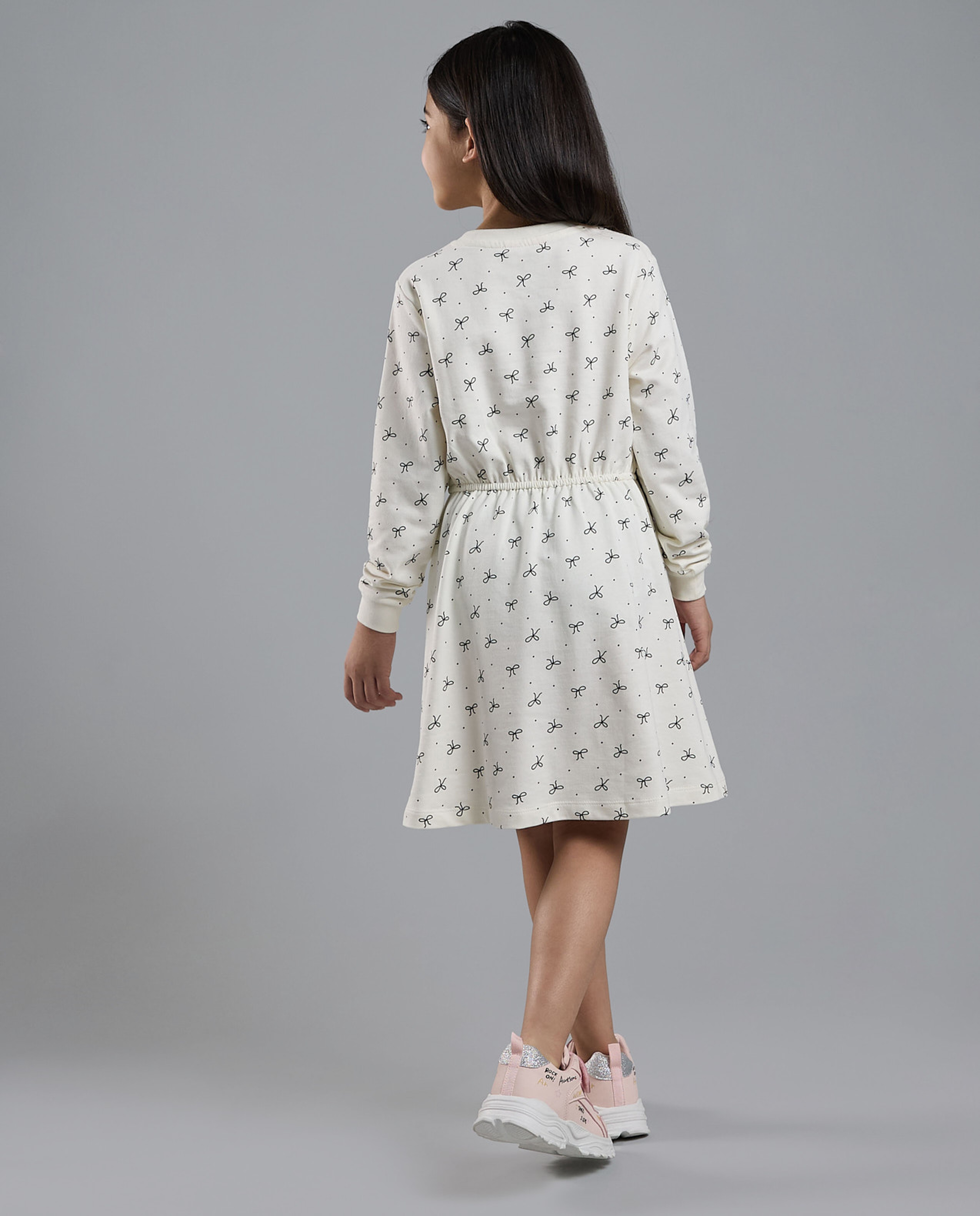 Printed Knit Dress with Crew Neck and Long Sleeves