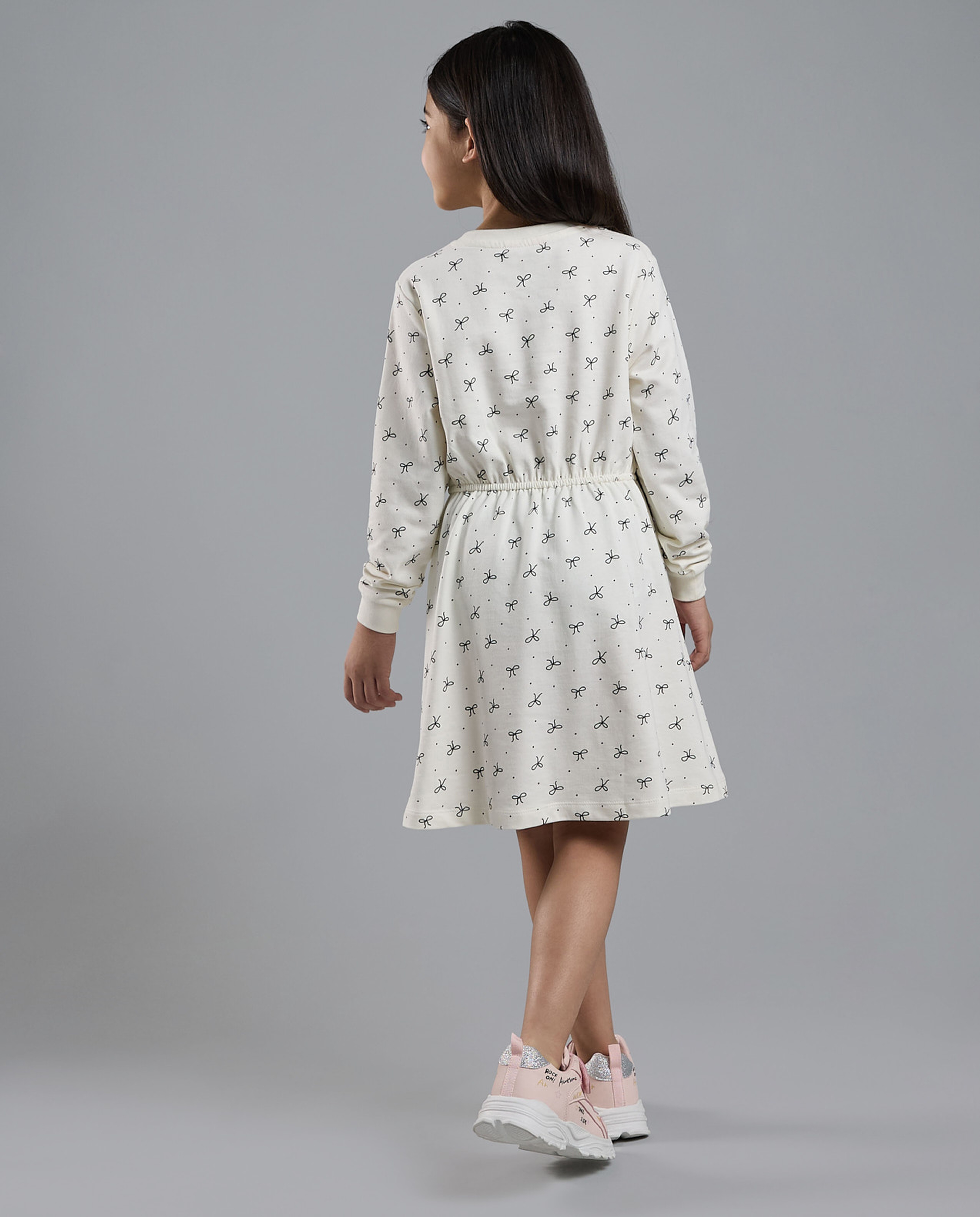 Printed Knit Dress with Crew Neck and Long Sleeves