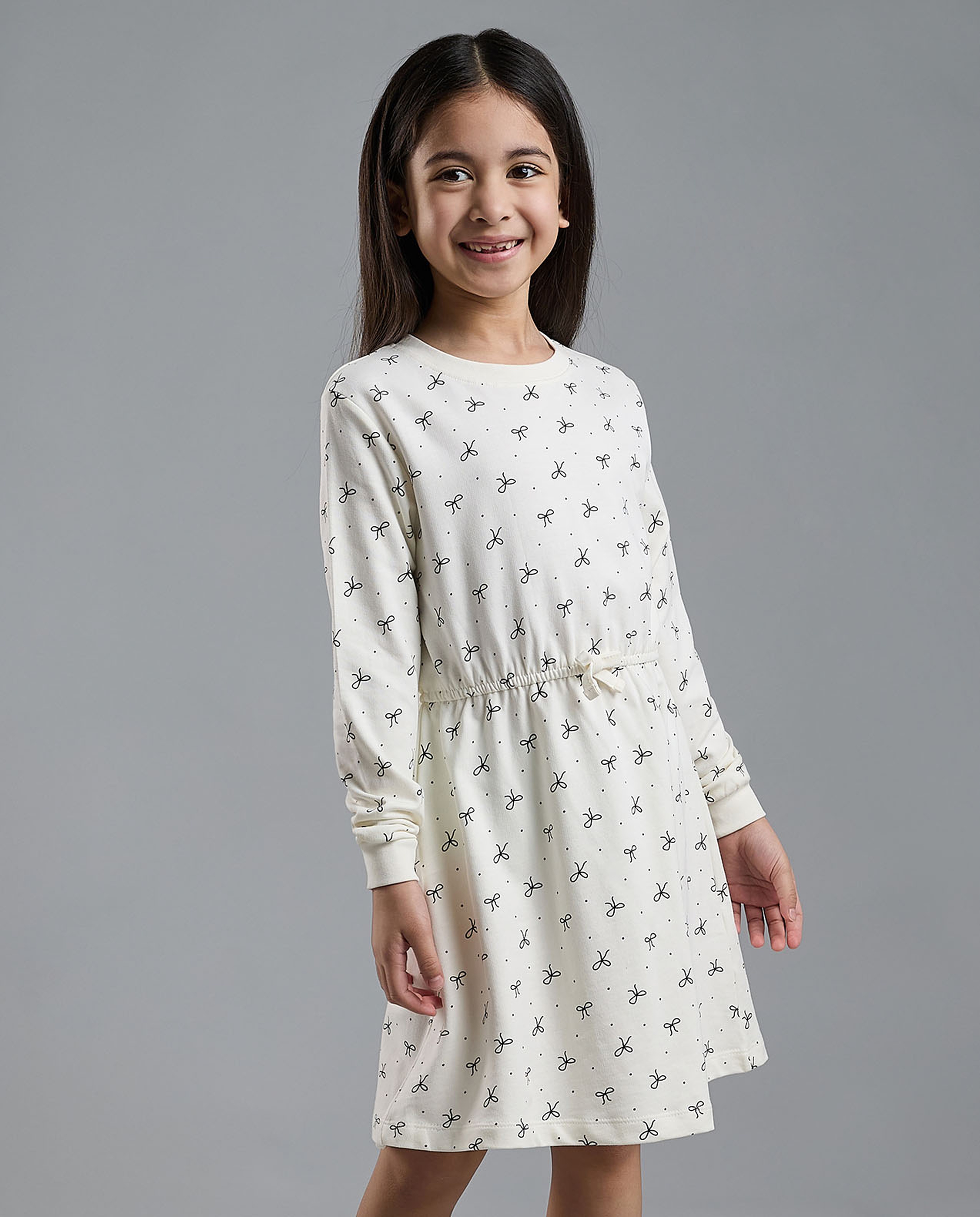Printed Knit Dress with Crew Neck and Long Sleeves