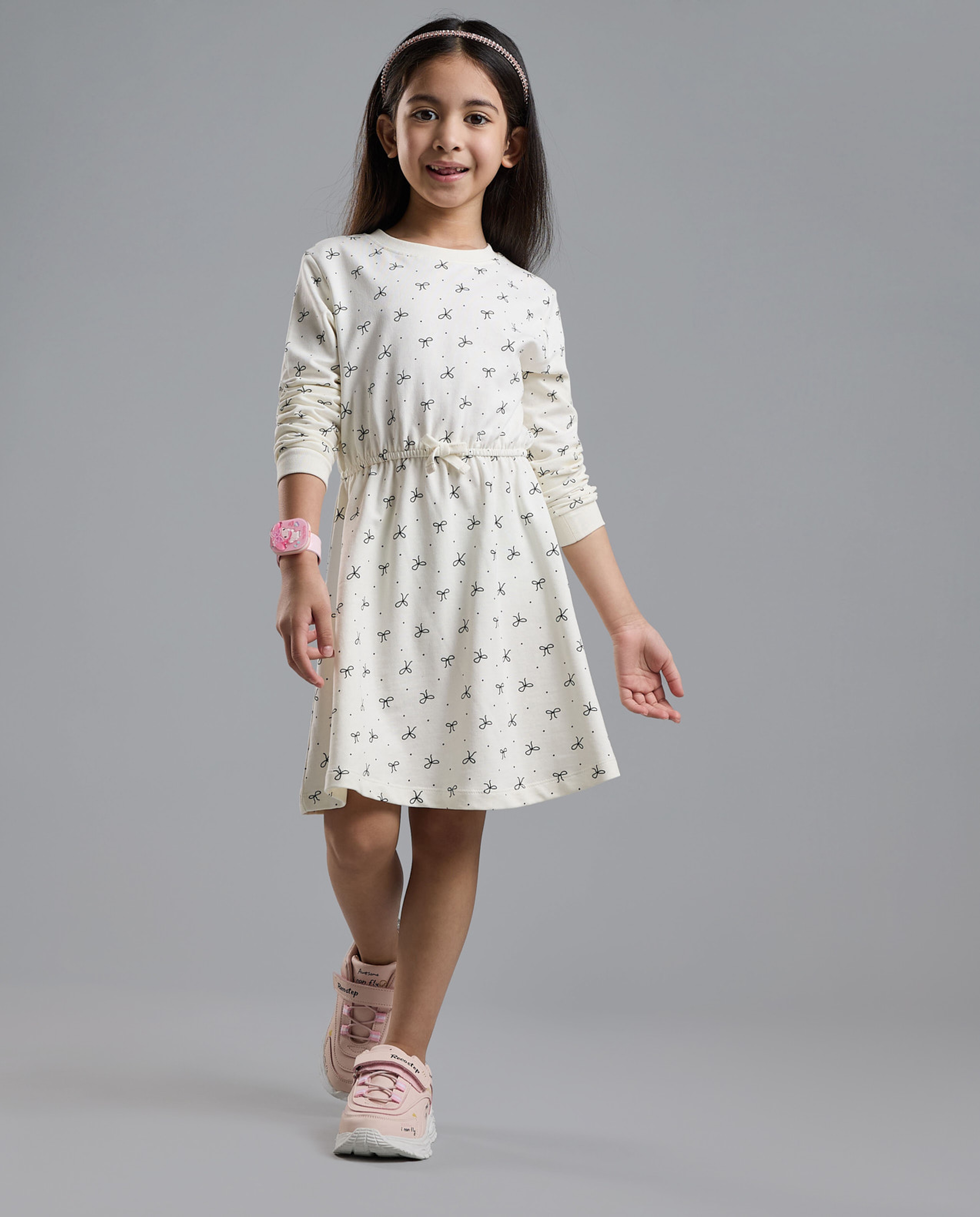 Printed Knit Dress with Crew Neck and Long Sleeves