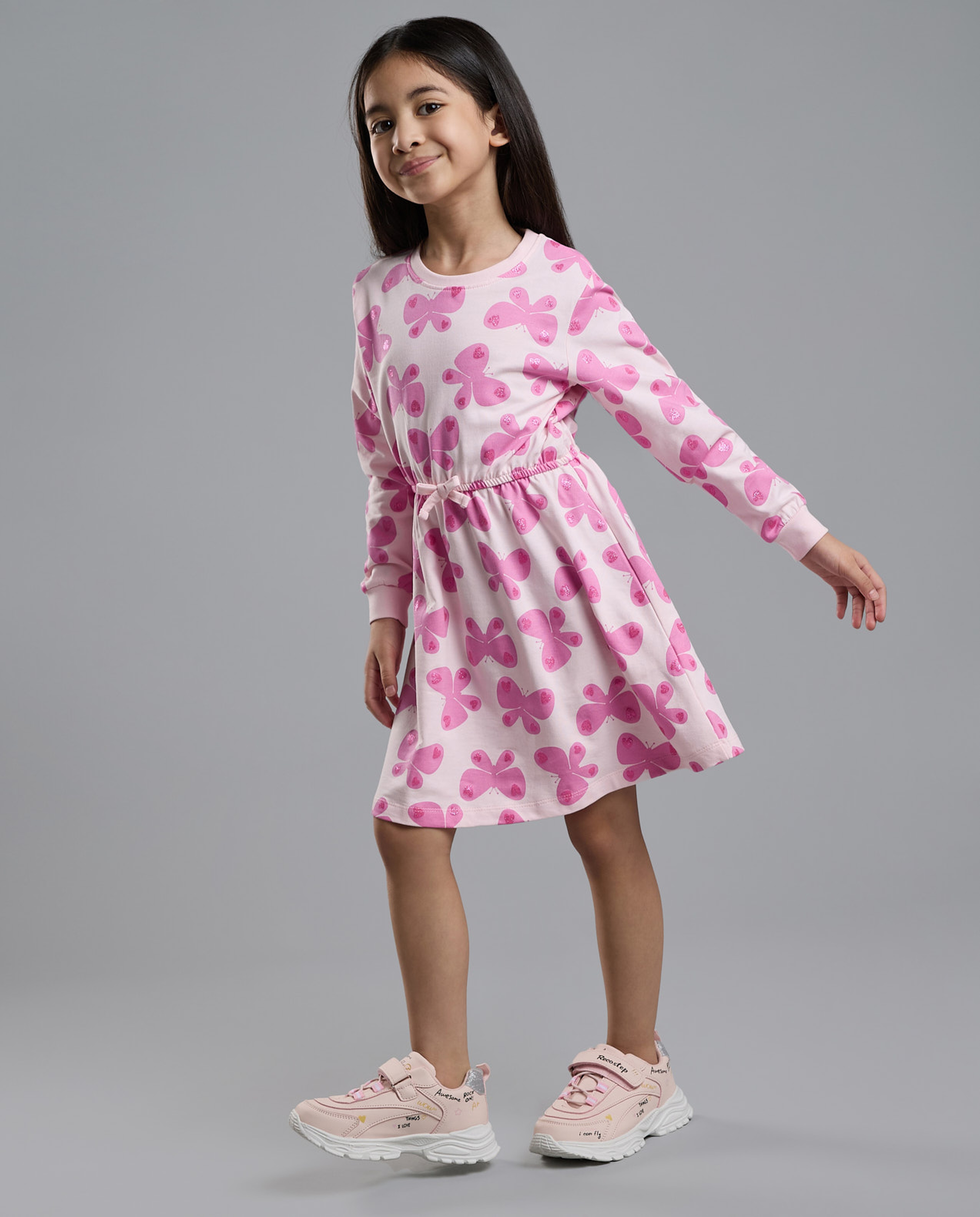 Printed Knit Dress with Crew Neck and Long Sleeves