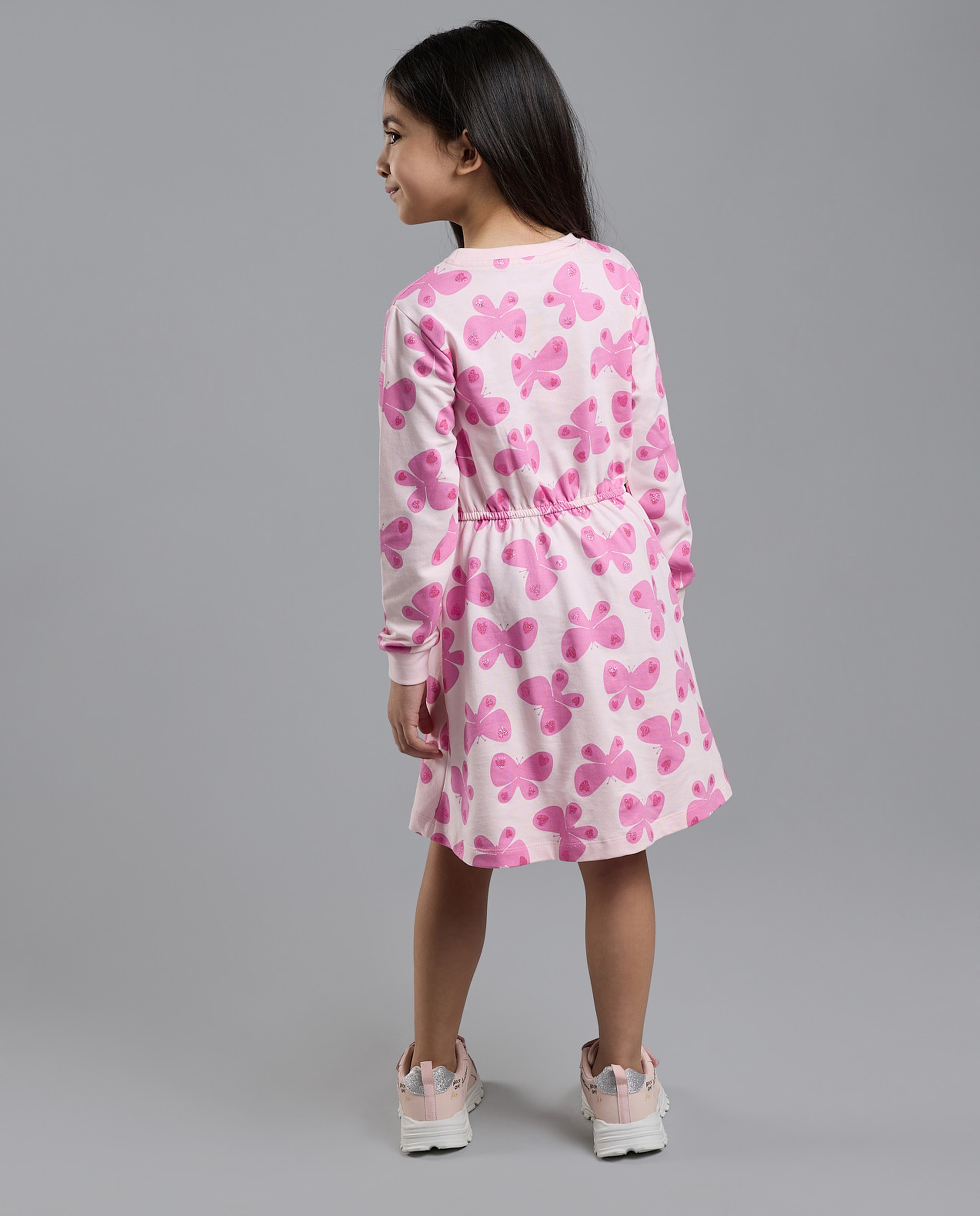 Printed Knit Dress with Crew Neck and Long Sleeves