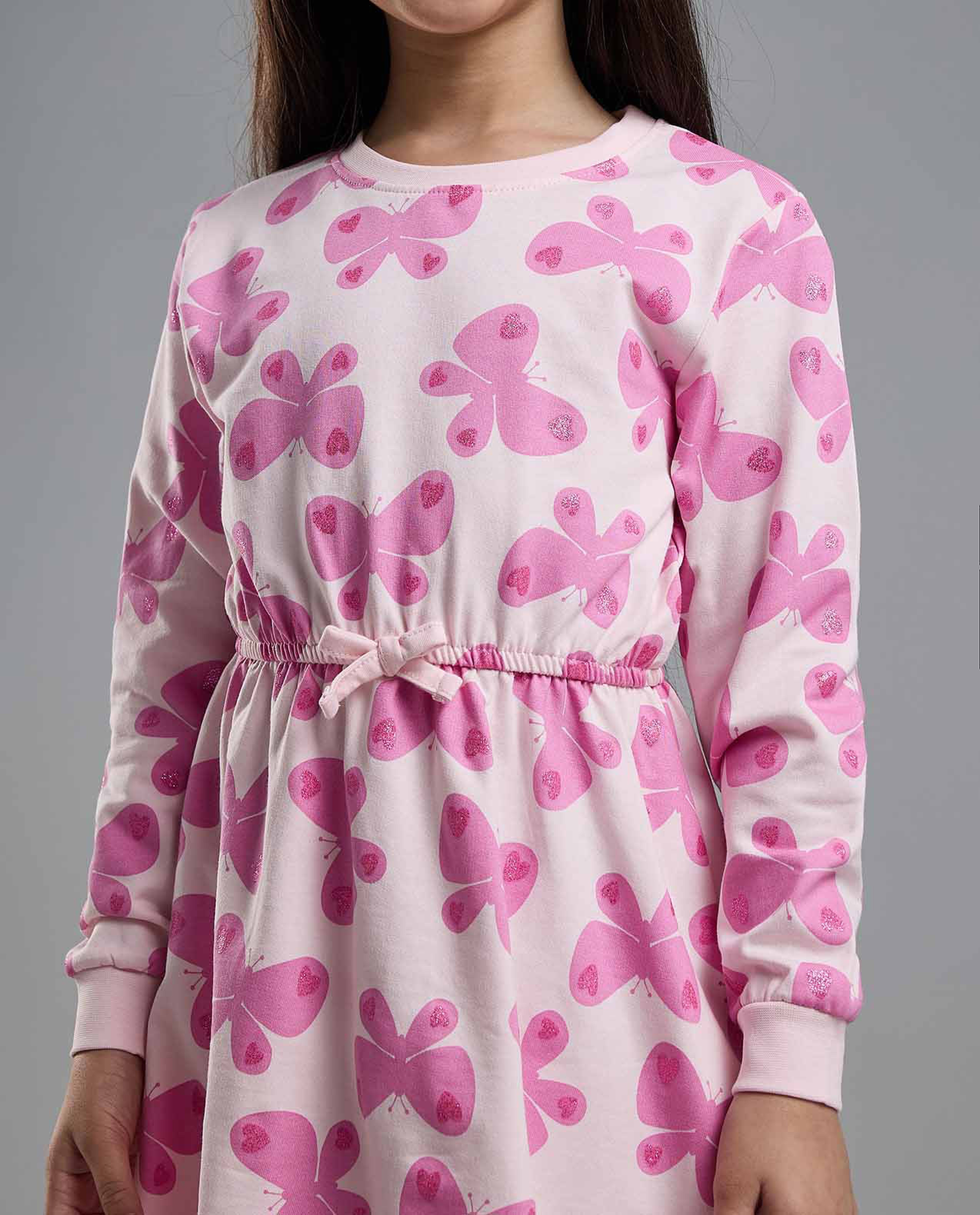 Printed Knit Dress with Crew Neck and Long Sleeves