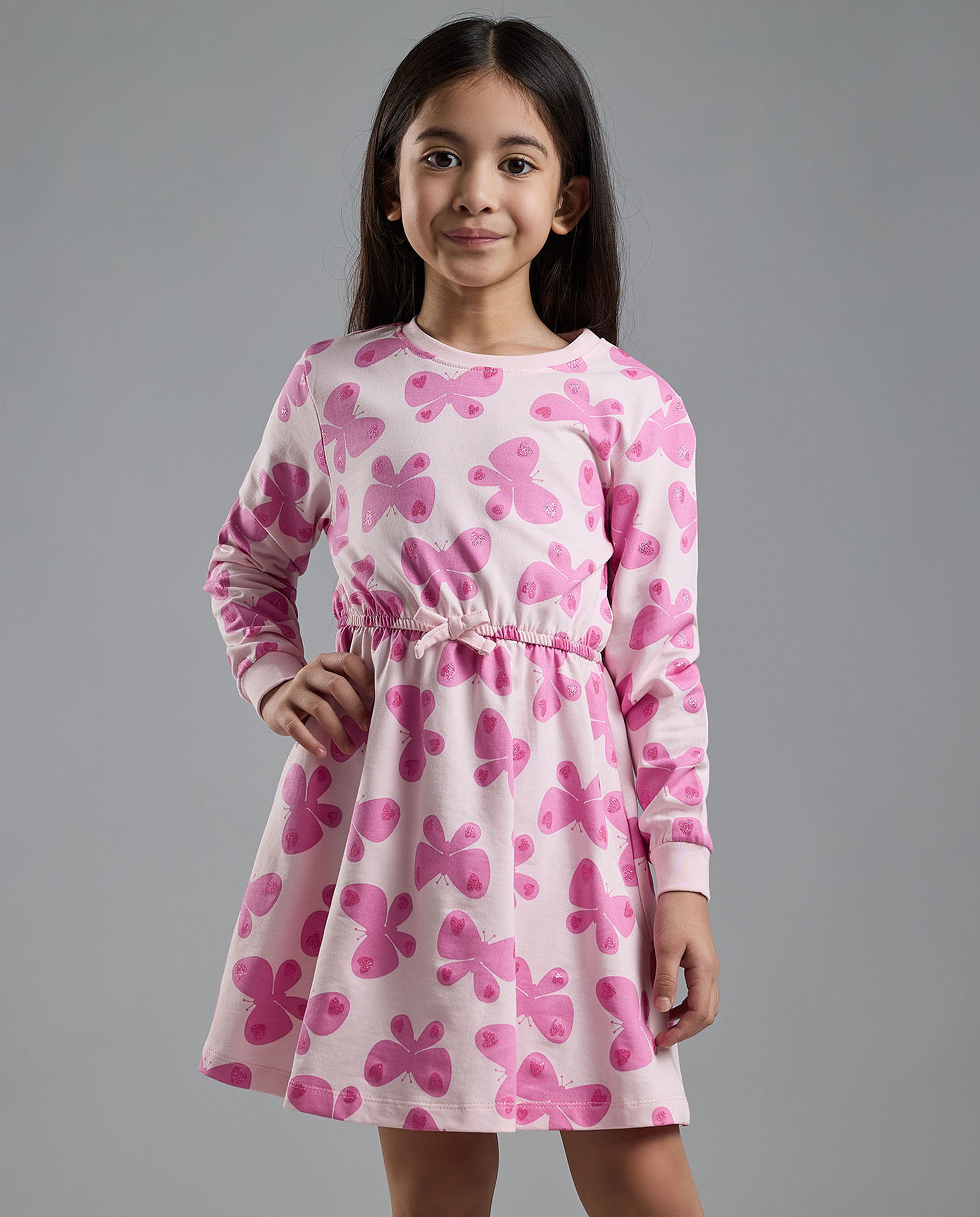 Printed Knit Dress with Crew Neck and Long Sleeves