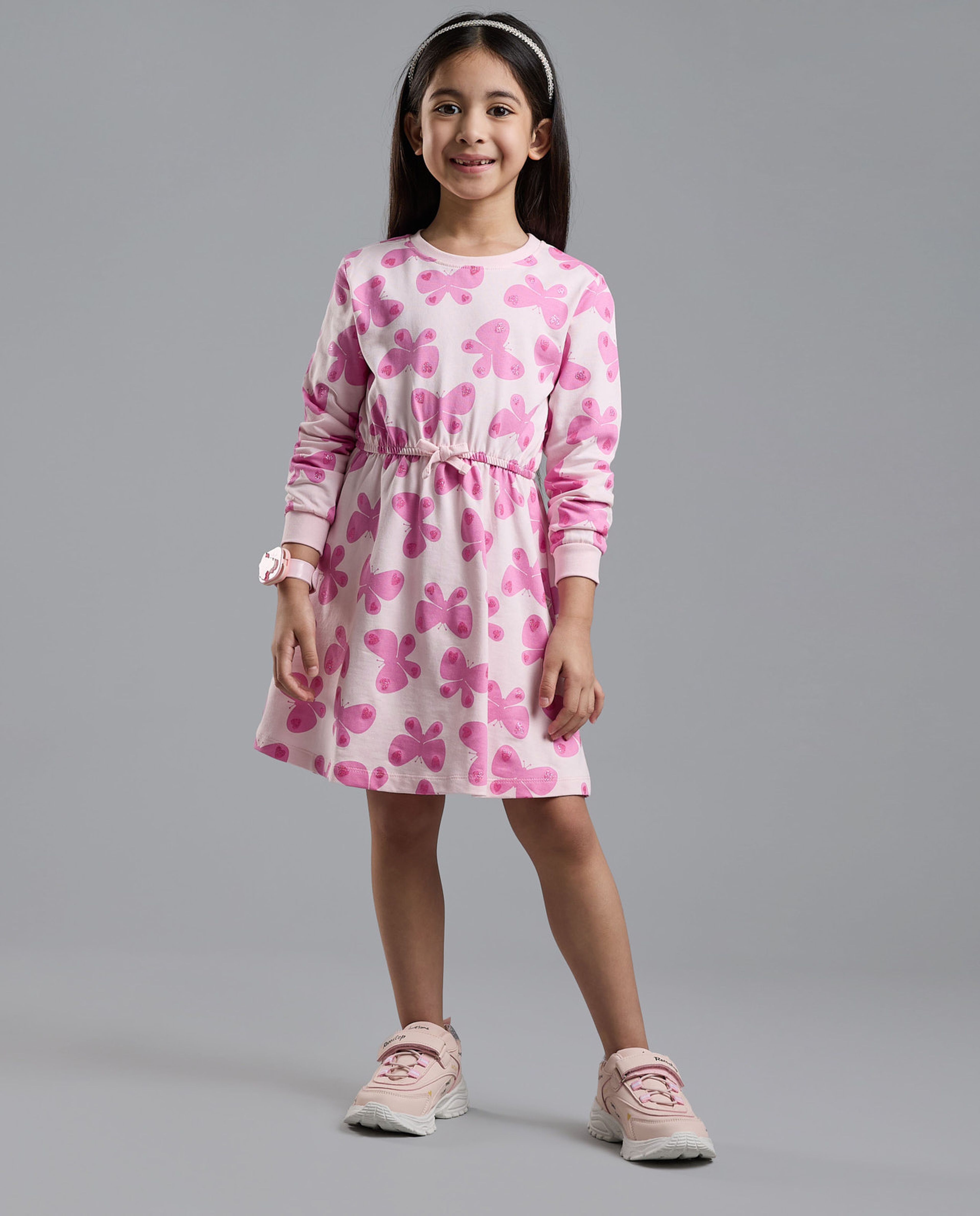 Printed Knit Dress with Crew Neck and Long Sleeves