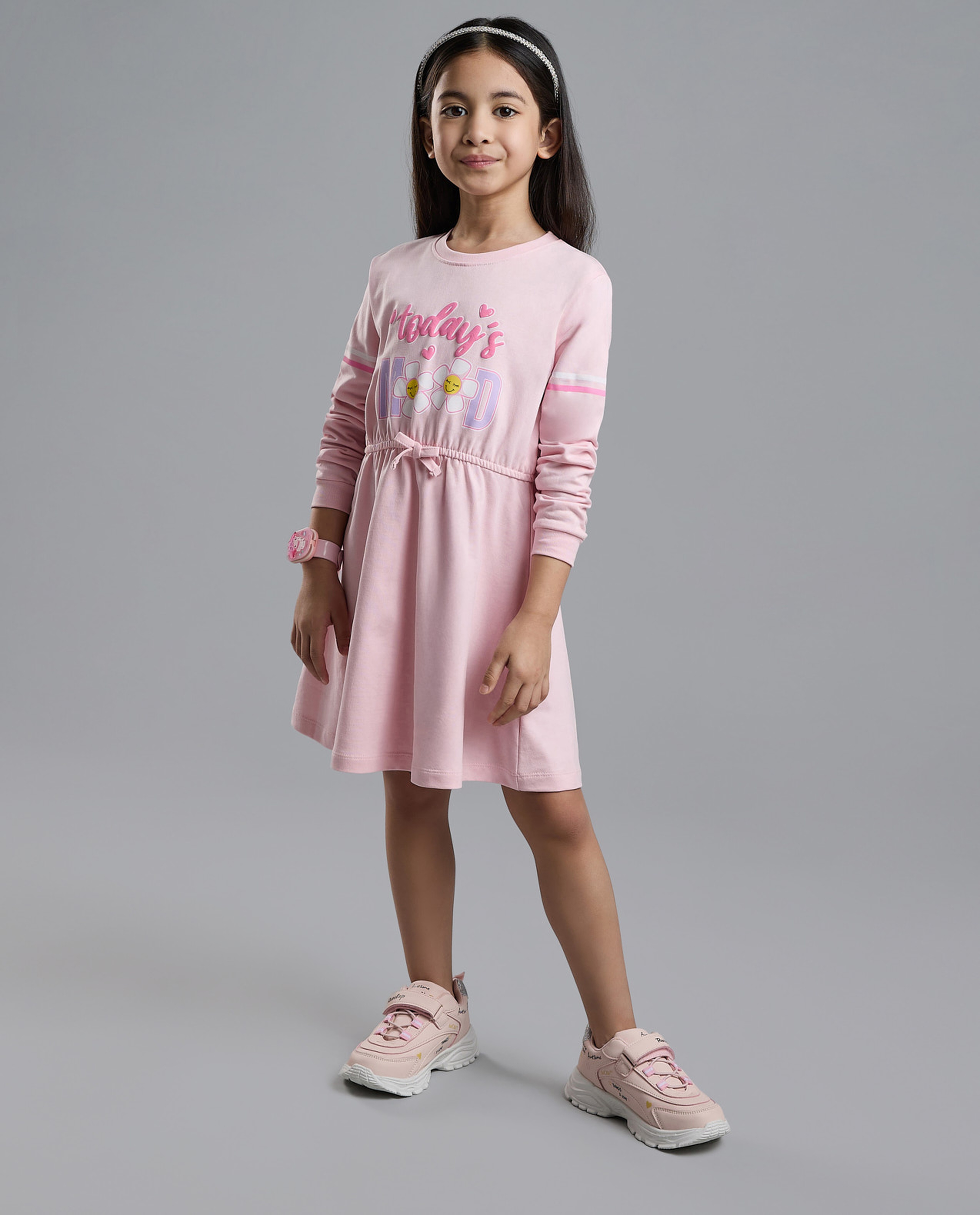 Printed Knit Dress with Crew Neck and Long Sleeves