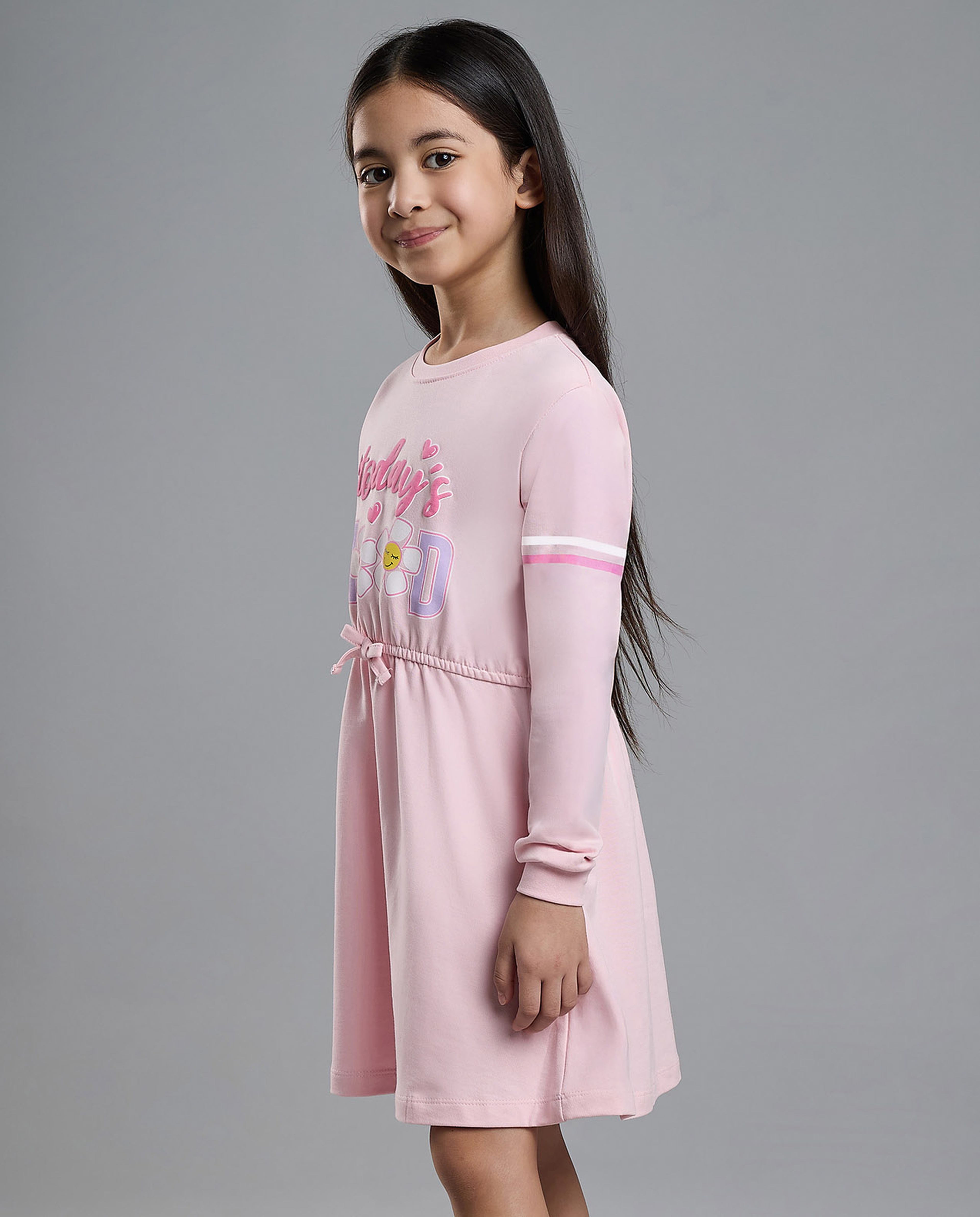 Printed Knit Dress with Crew Neck and Long Sleeves