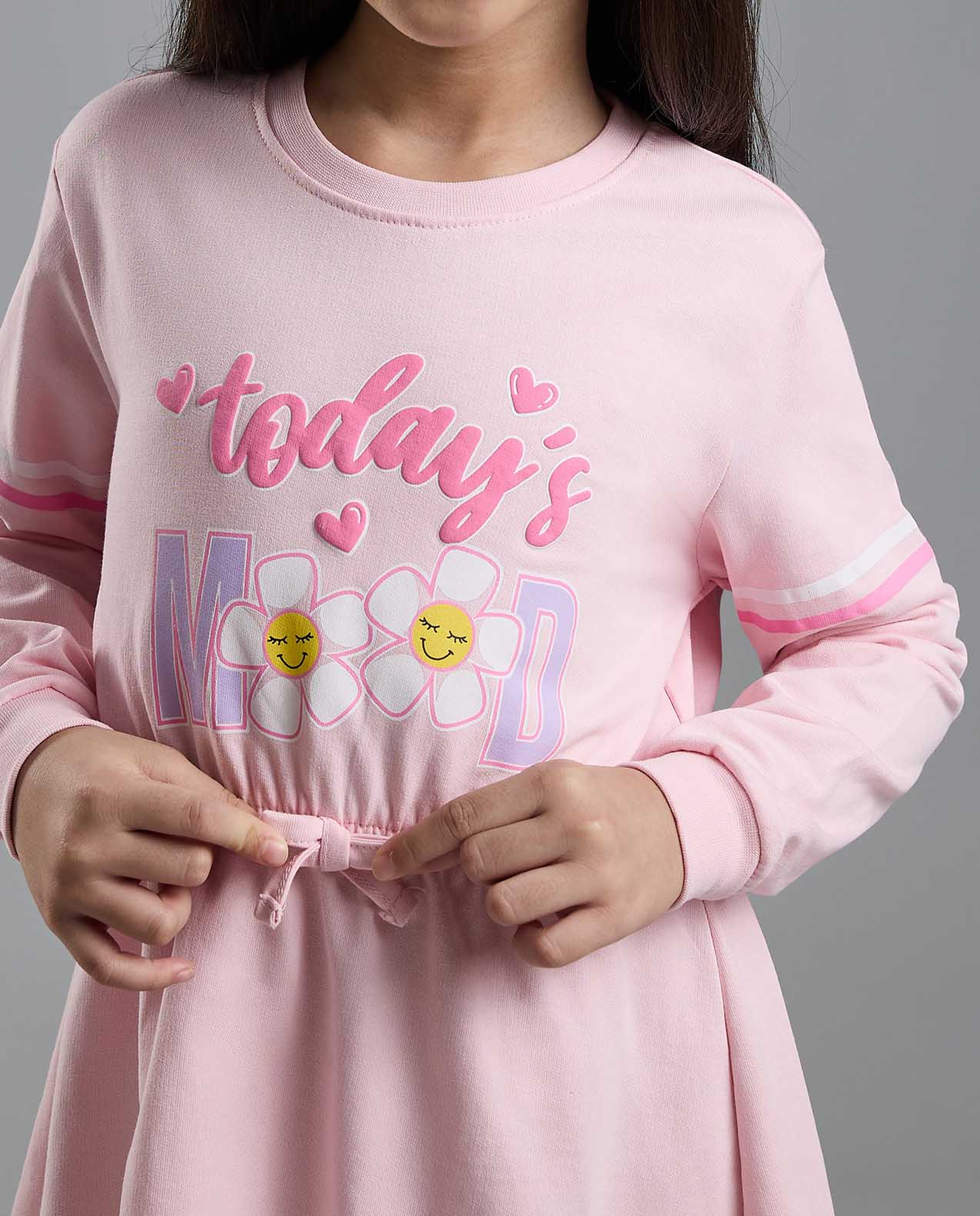 Printed Knit Dress with Crew Neck and Long Sleeves