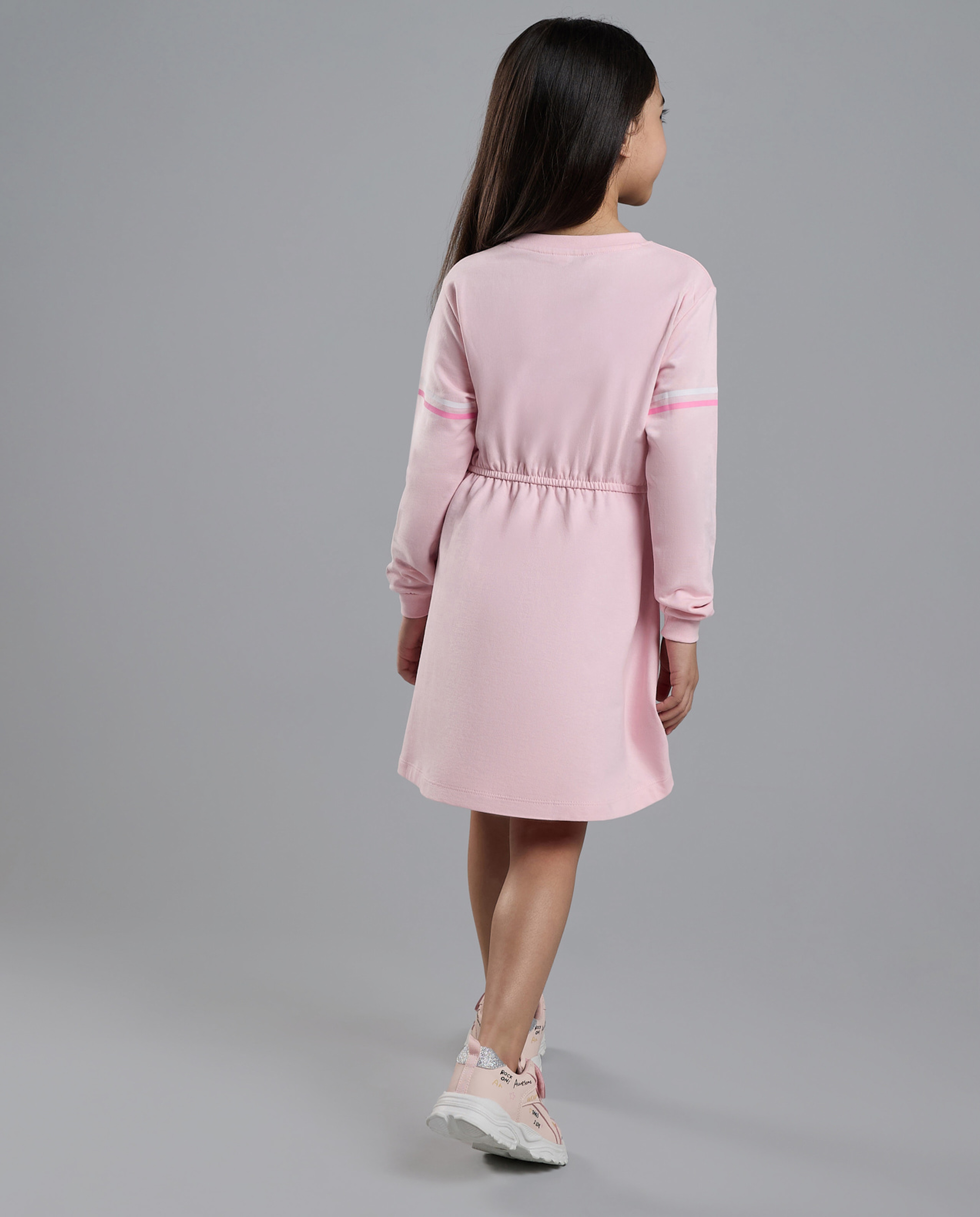 Printed Knit Dress with Crew Neck and Long Sleeves