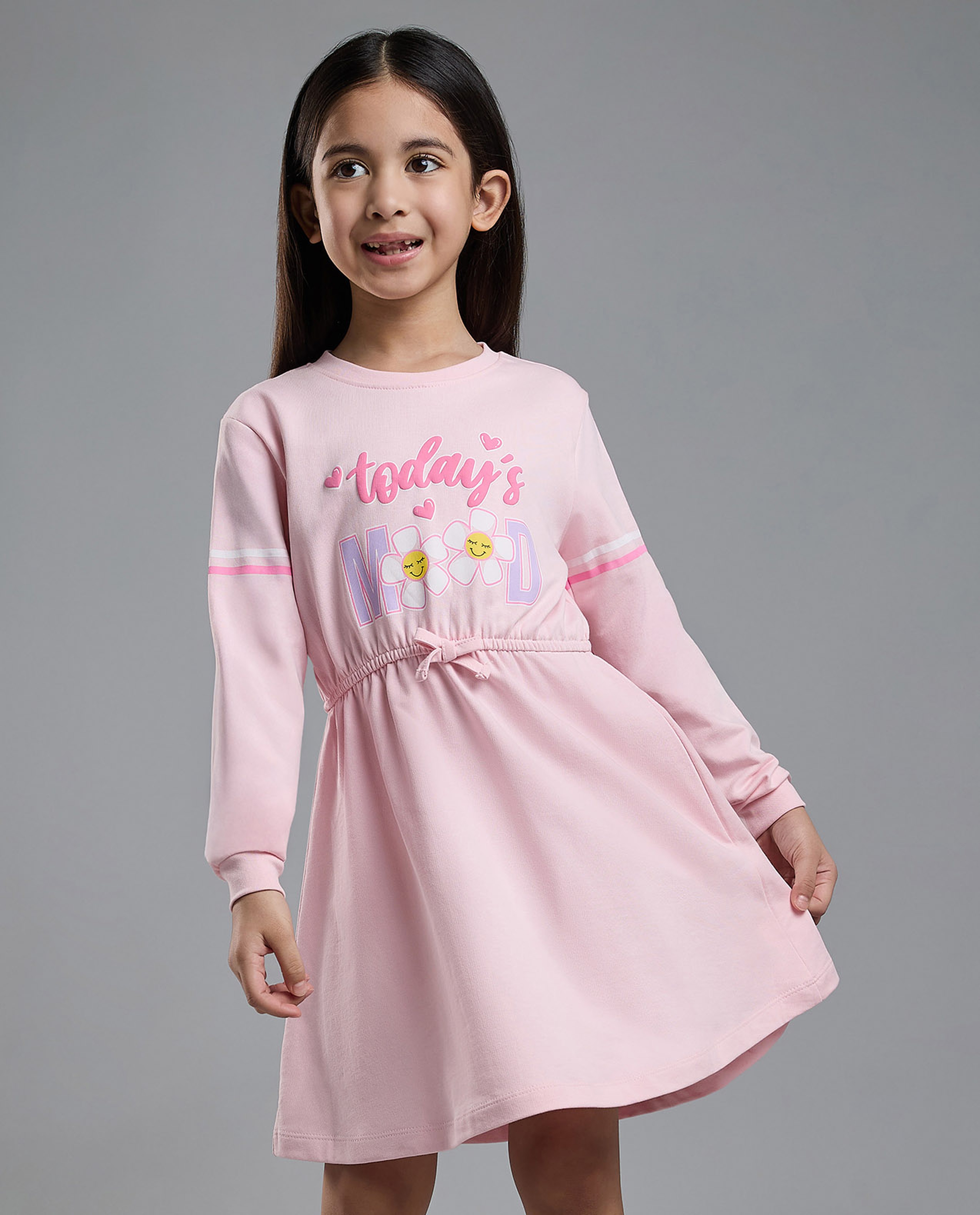 Printed Knit Dress with Crew Neck and Long Sleeves