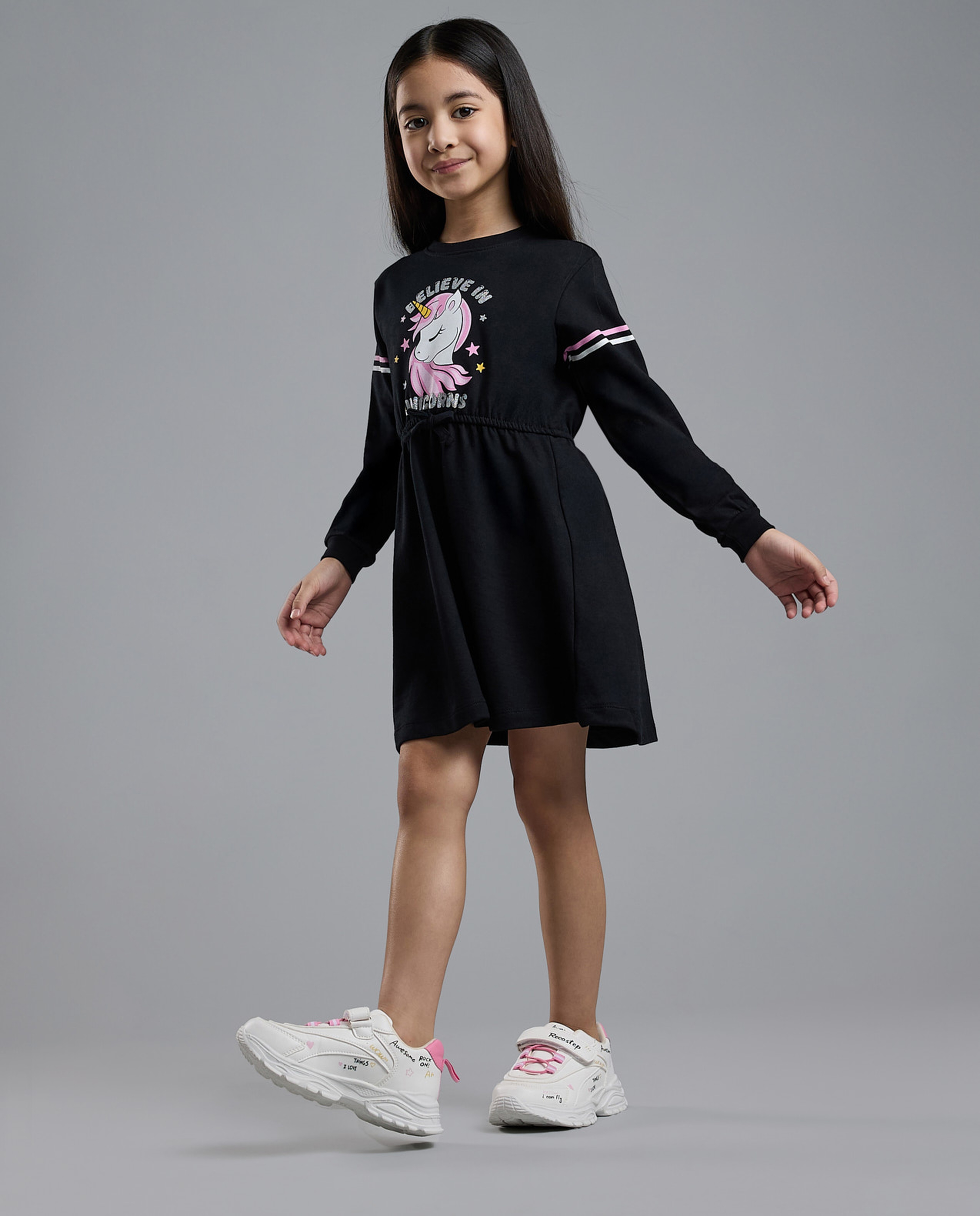 Unicorn Print Knit Dress with Crew Neck and Long Sleeves