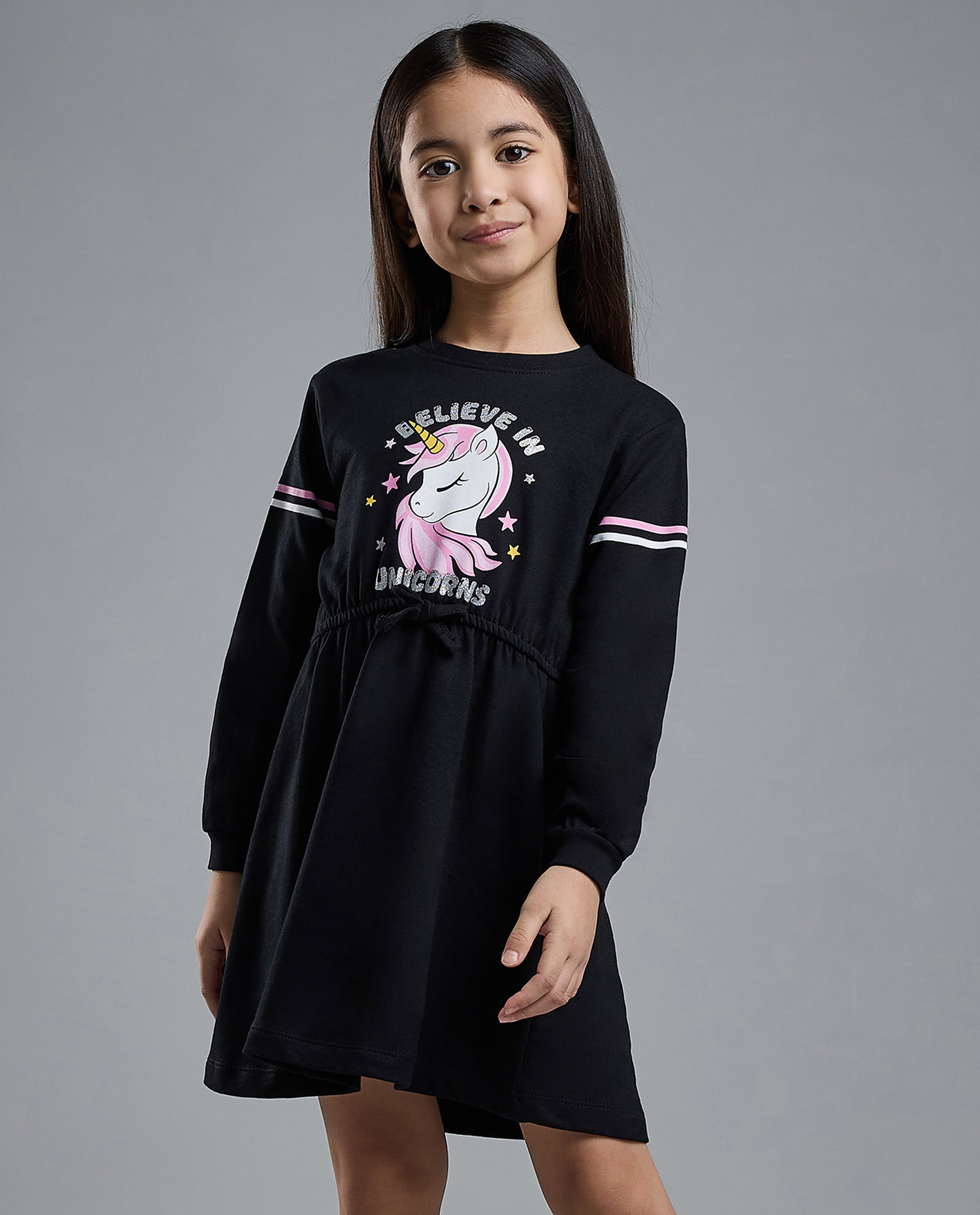 Unicorn Print Knit Dress with Crew Neck and Long Sleeves