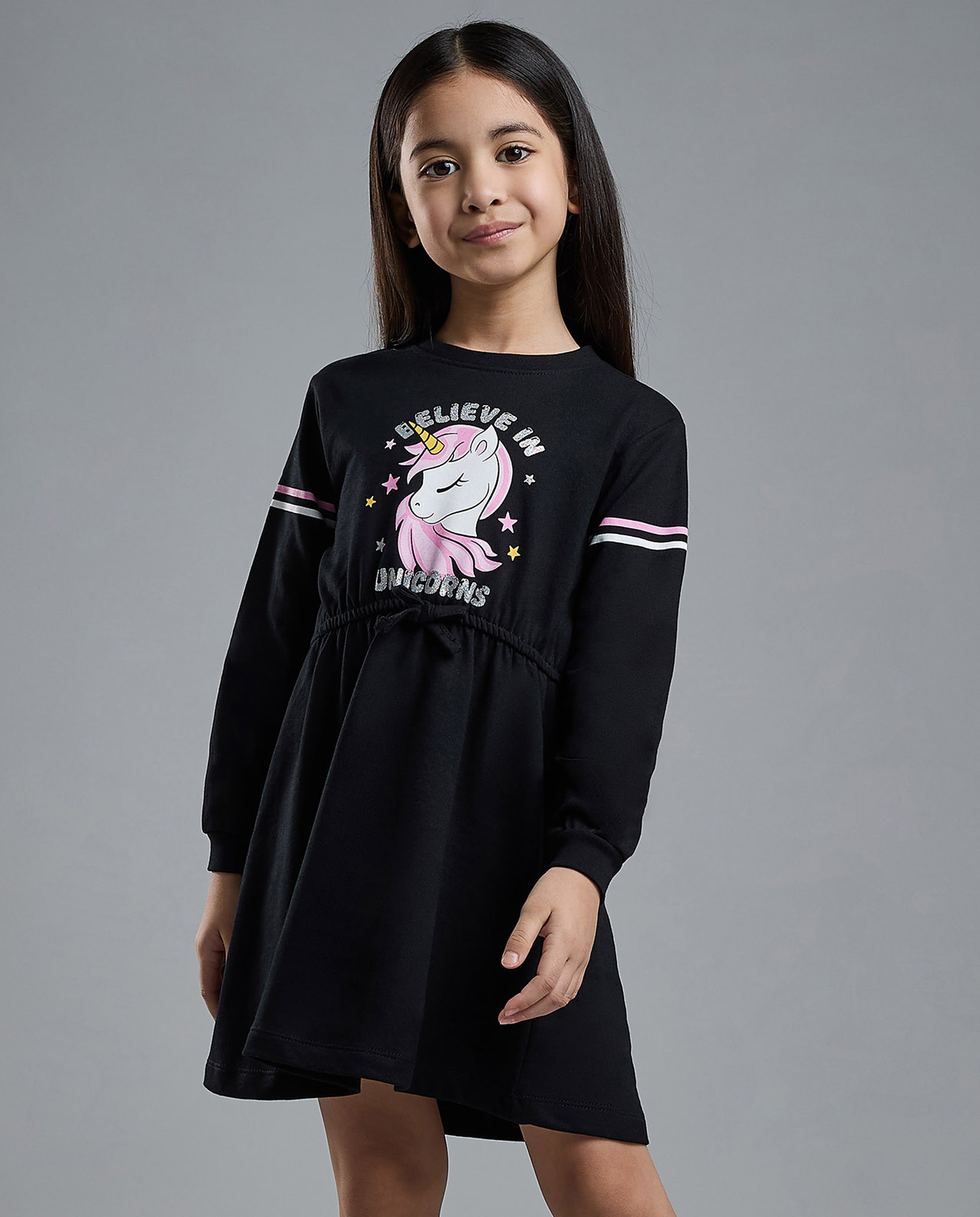 Unicorn Print Knit Dress with Crew Neck and Long Sleeves