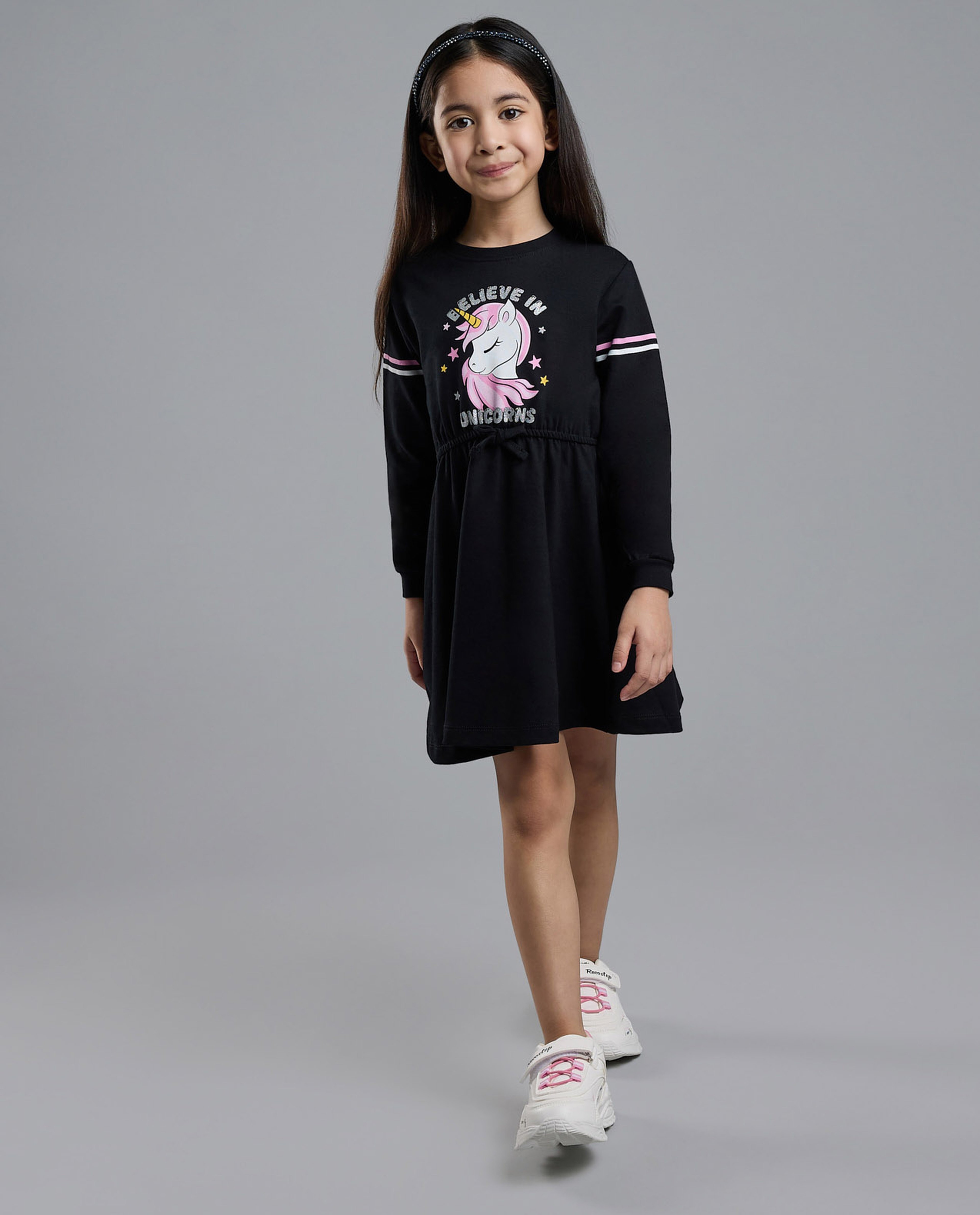 Unicorn Print Knit Dress with Crew Neck and Long Sleeves