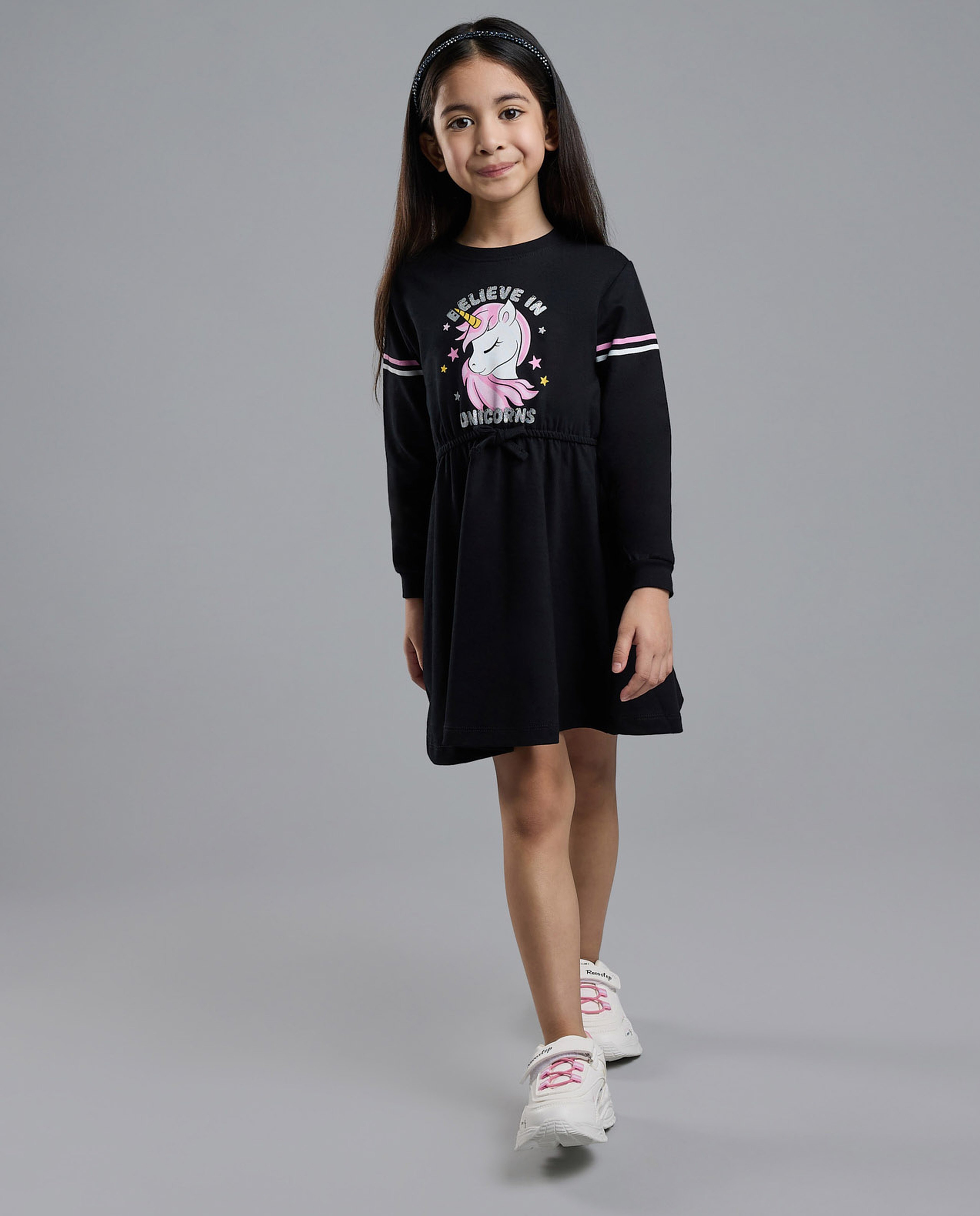 Unicorn Print Knit Dress with Crew Neck and Long Sleeves