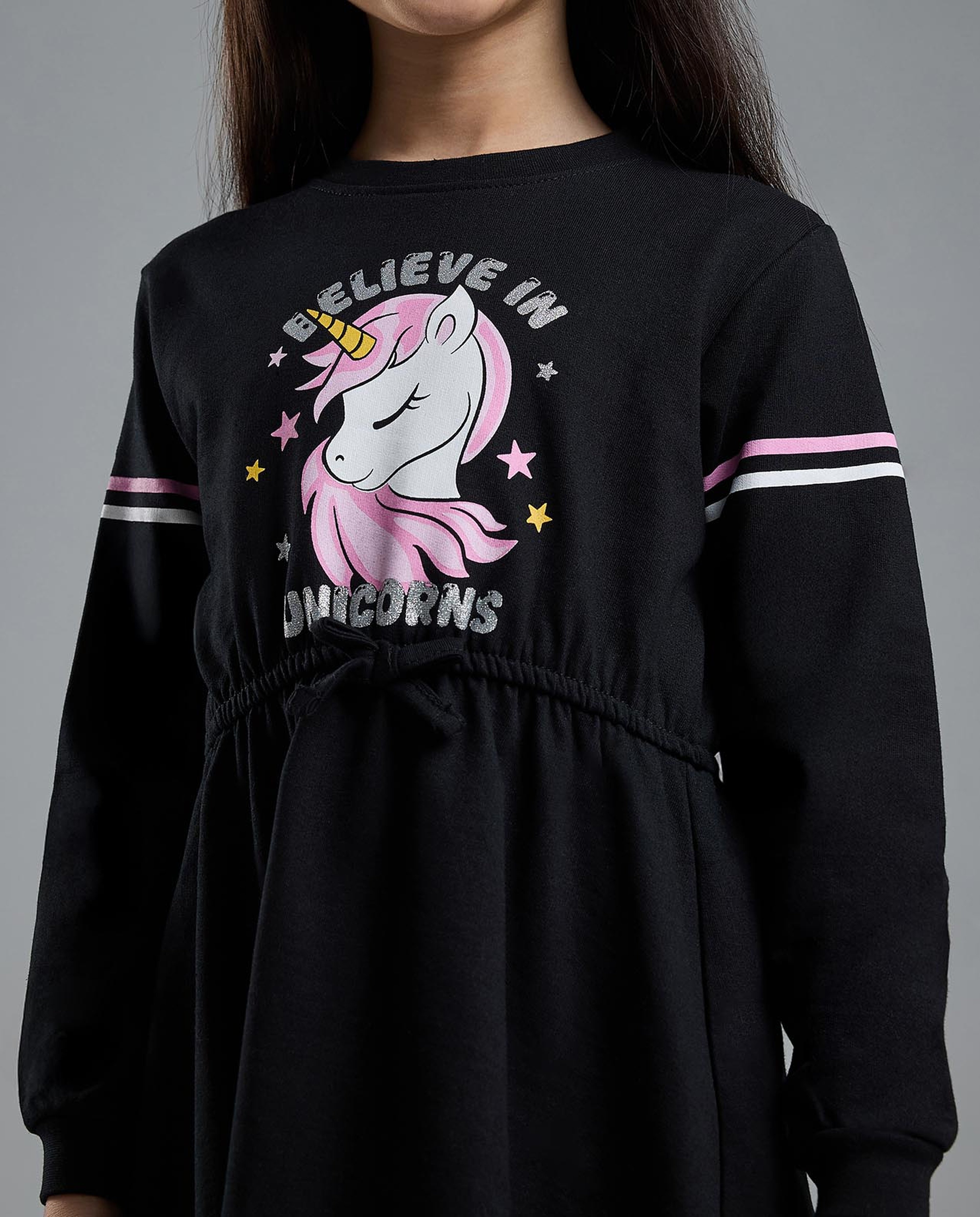 Unicorn Print Knit Dress with Crew Neck and Long Sleeves