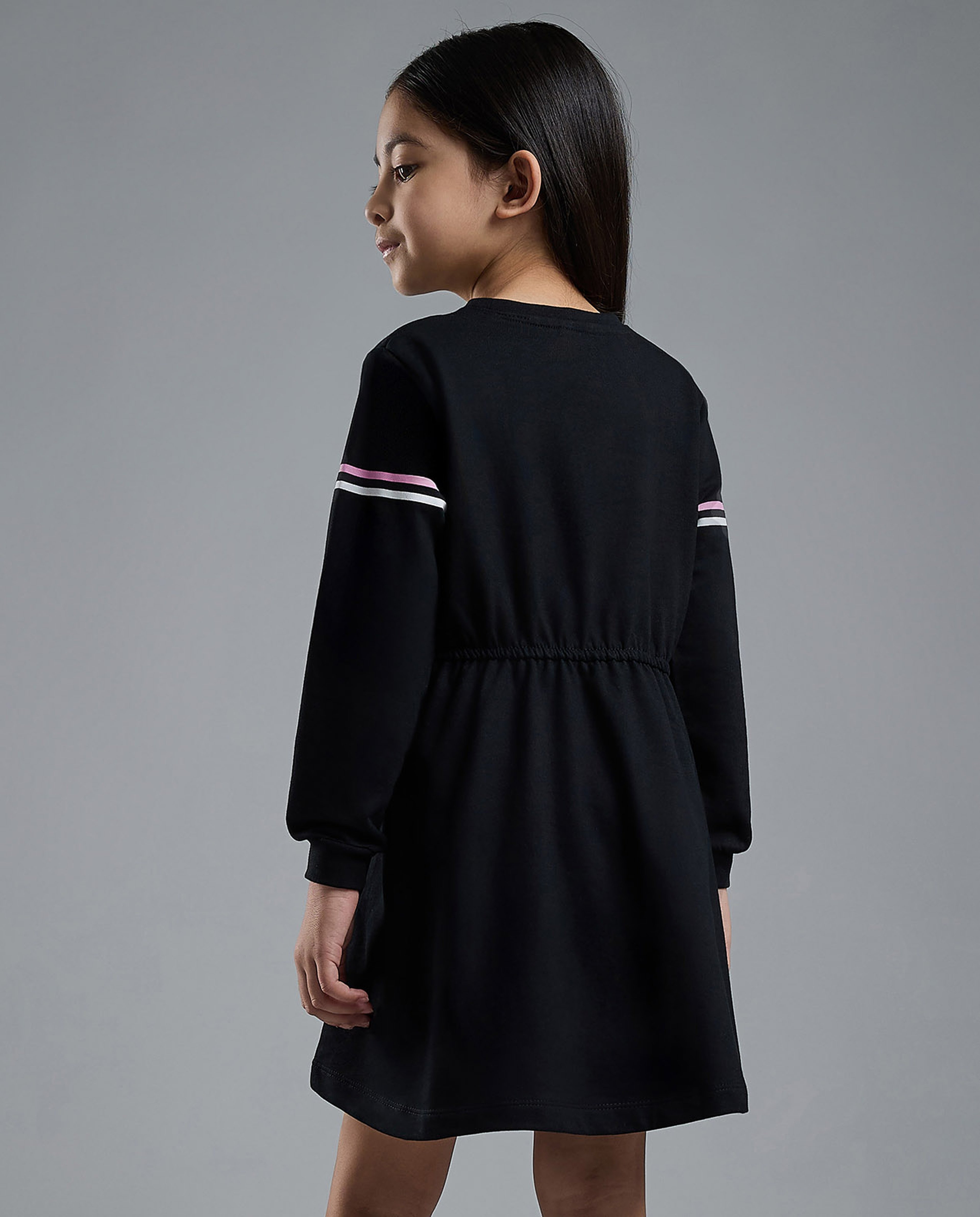 Unicorn Print Knit Dress with Crew Neck and Long Sleeves